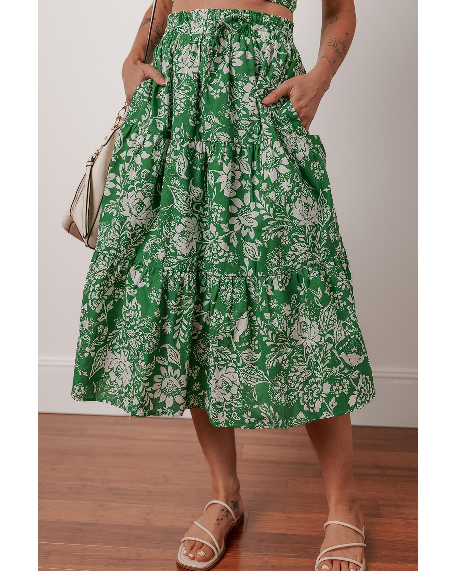 Green Floral Print Shirred Crop Top and High Waist Midi Skirt Set - L 6