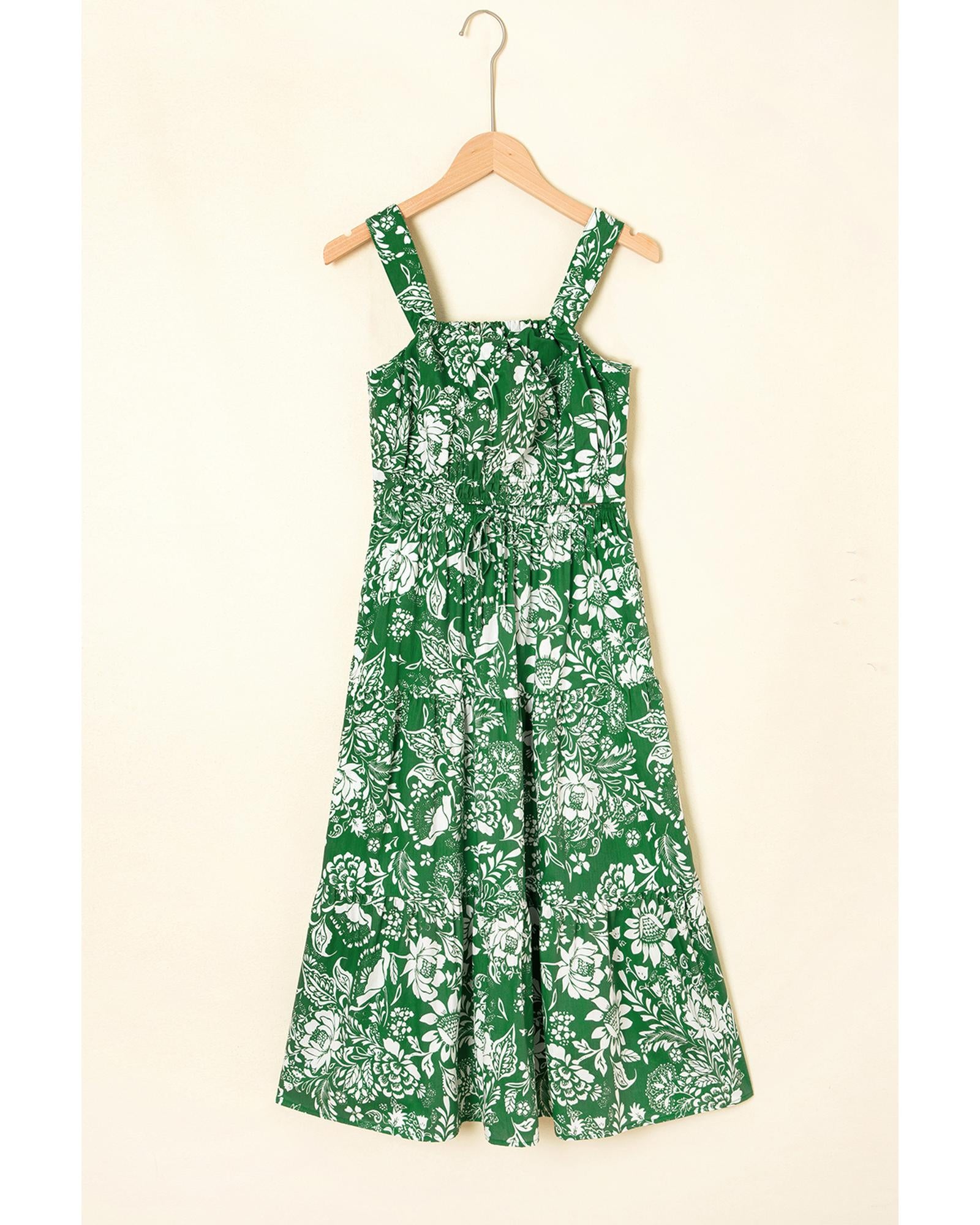 Green Floral Print Shirred Crop Top and High Waist Midi Skirt Set - L 7