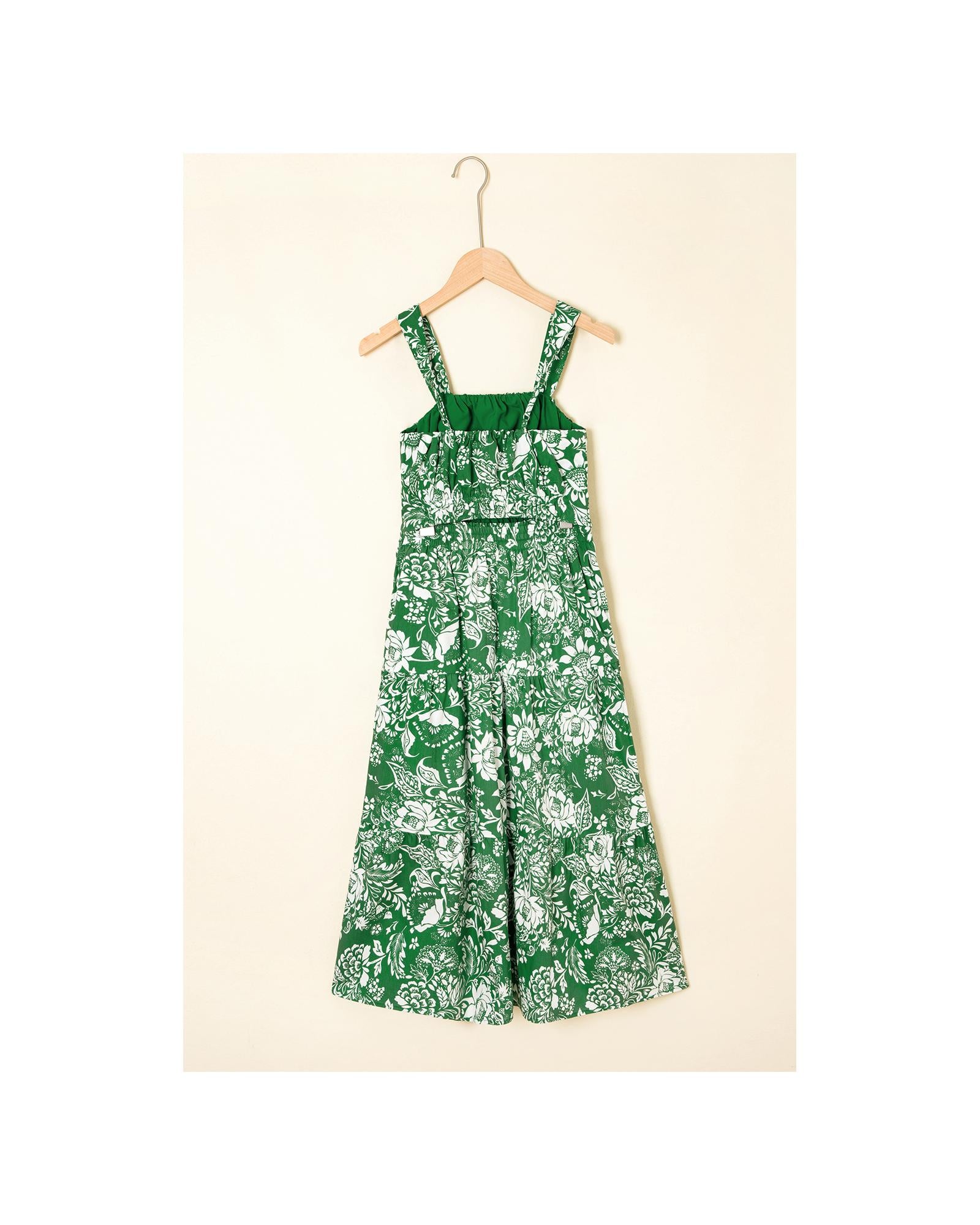 Green Floral Print Shirred Crop Top and High Waist Midi Skirt Set - L 8