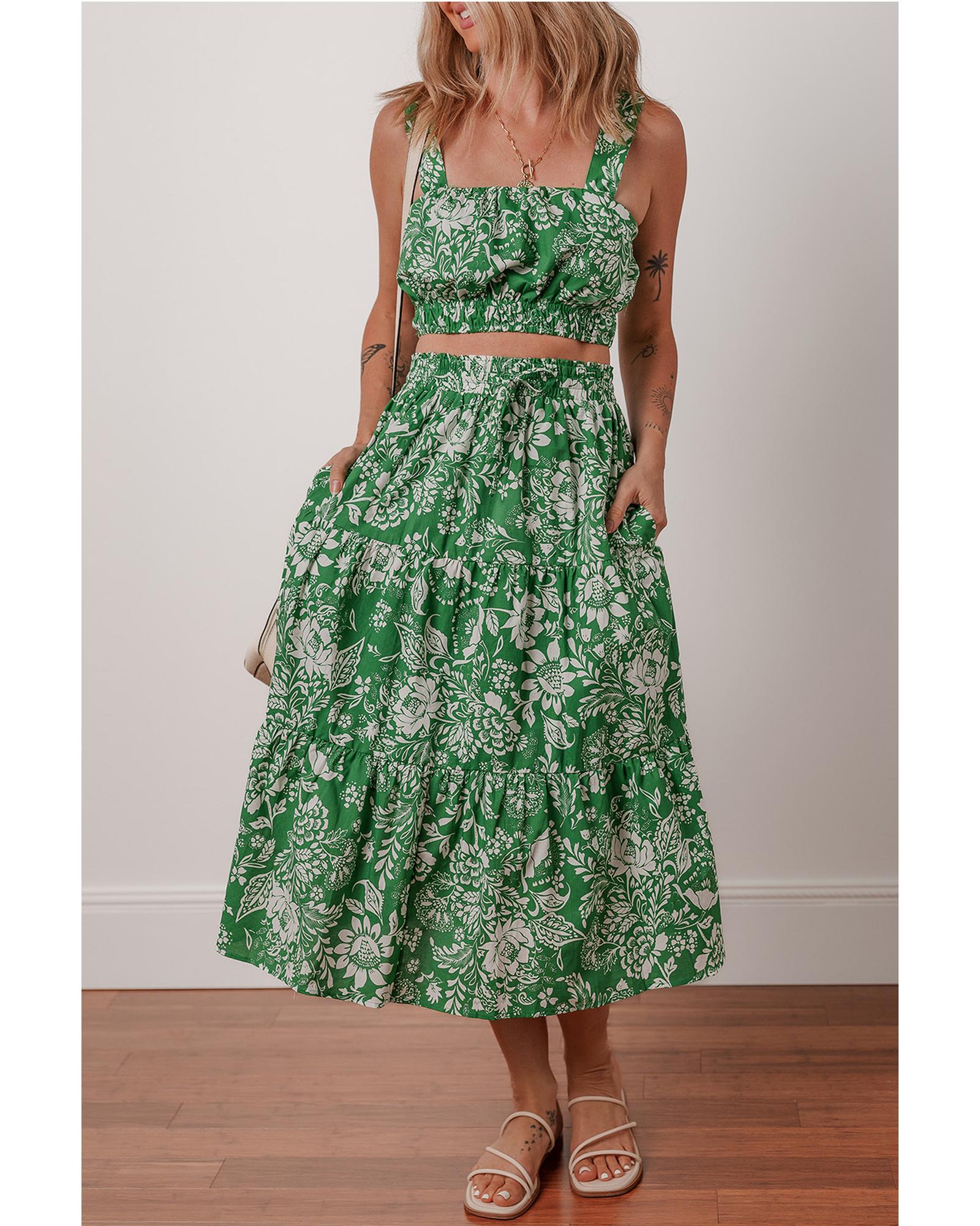 Green Floral Print Shirred Crop Top and High Waist Midi Skirt Set - XL