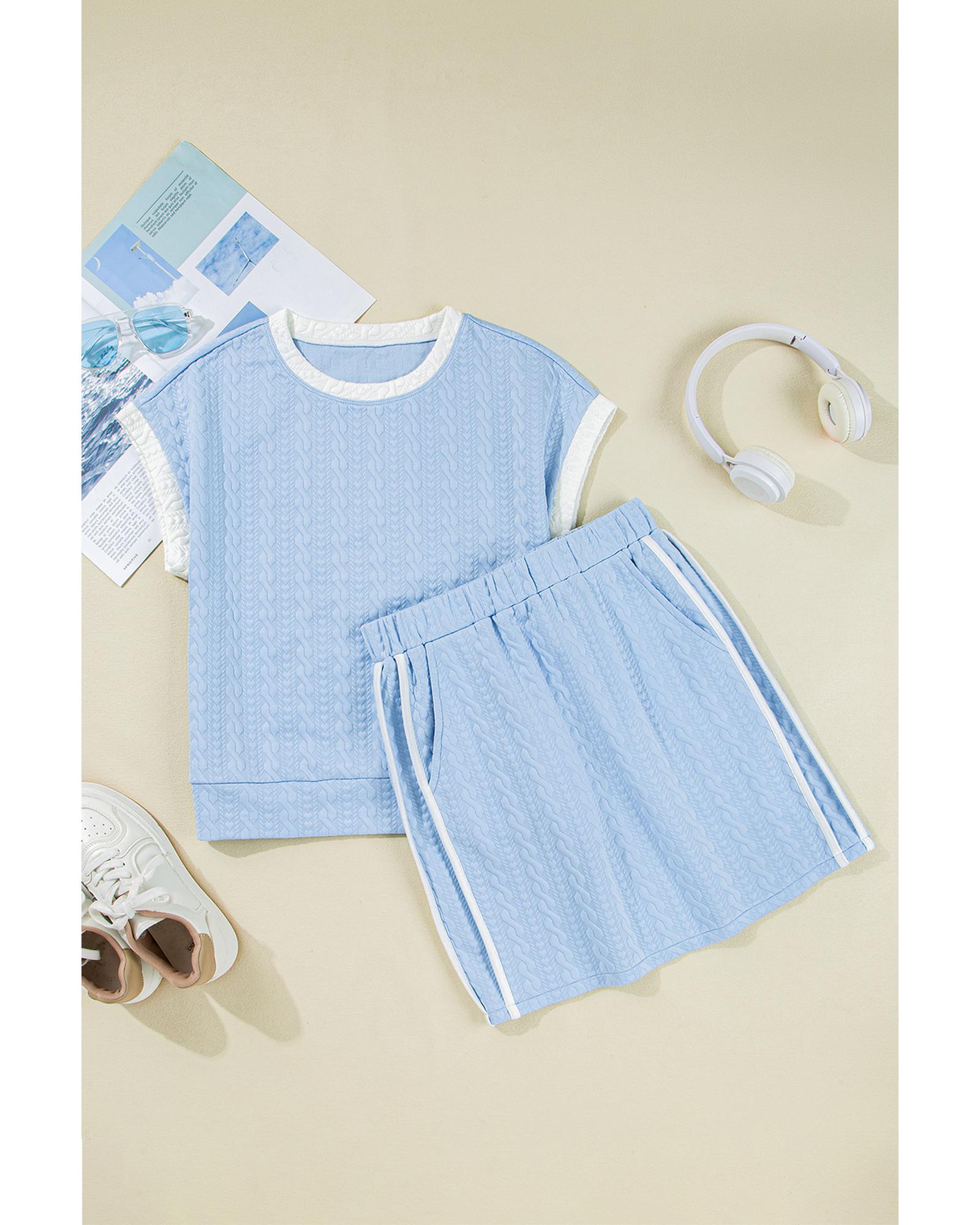 Beau Blue Contrast Trim Textured Crewneck Tee and Pocketed Skirt Set - L 4