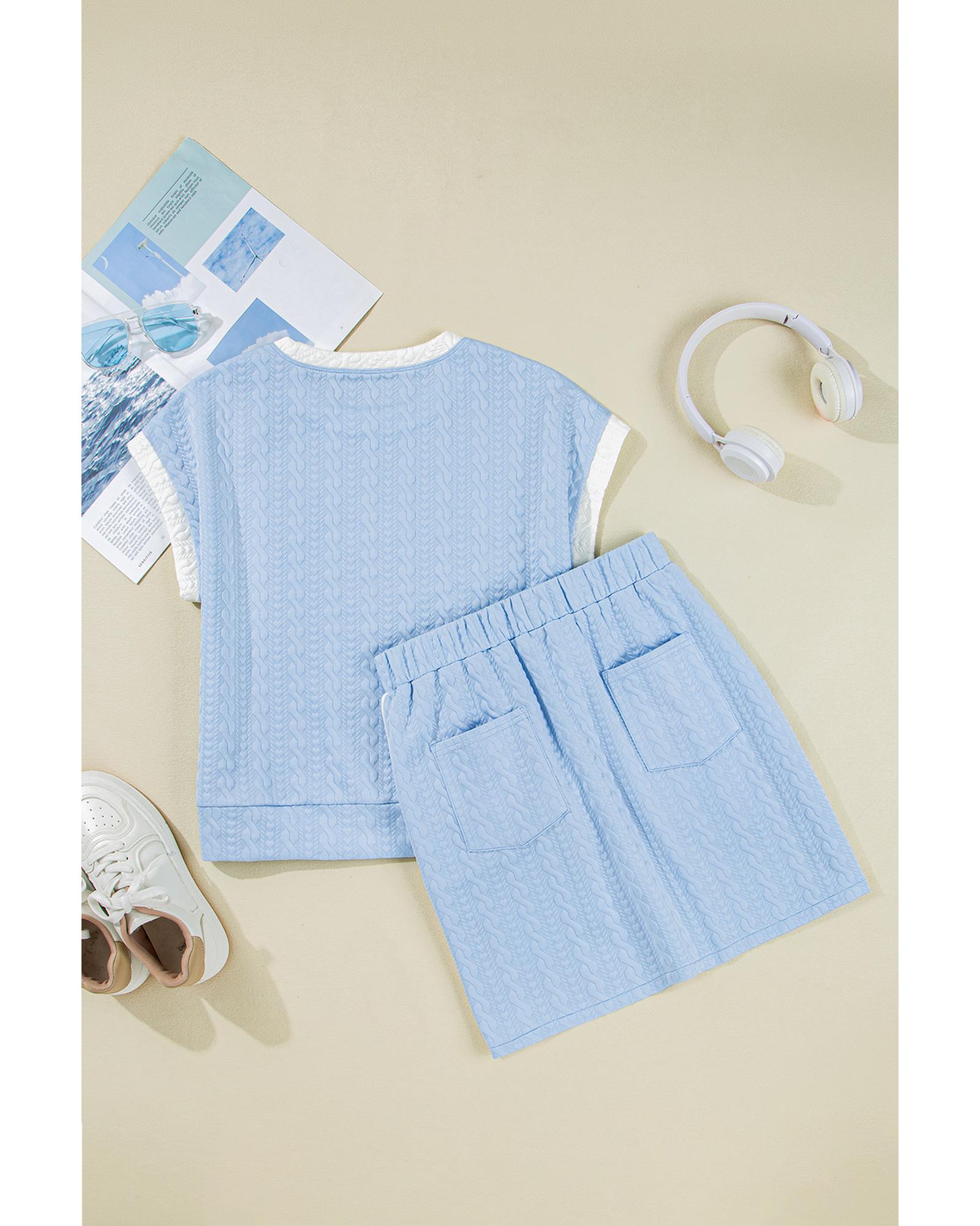 Beau Blue Contrast Trim Textured Crewneck Tee and Pocketed Skirt Set - XL 5