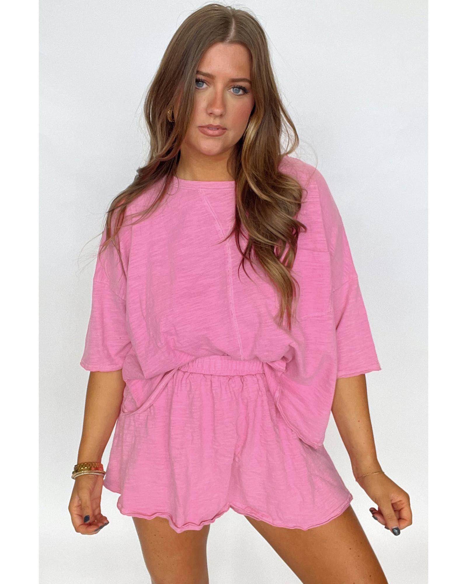Sachet Pink Loose Fit Half Sleeve T Shirt and High Waist Skirt Set - M