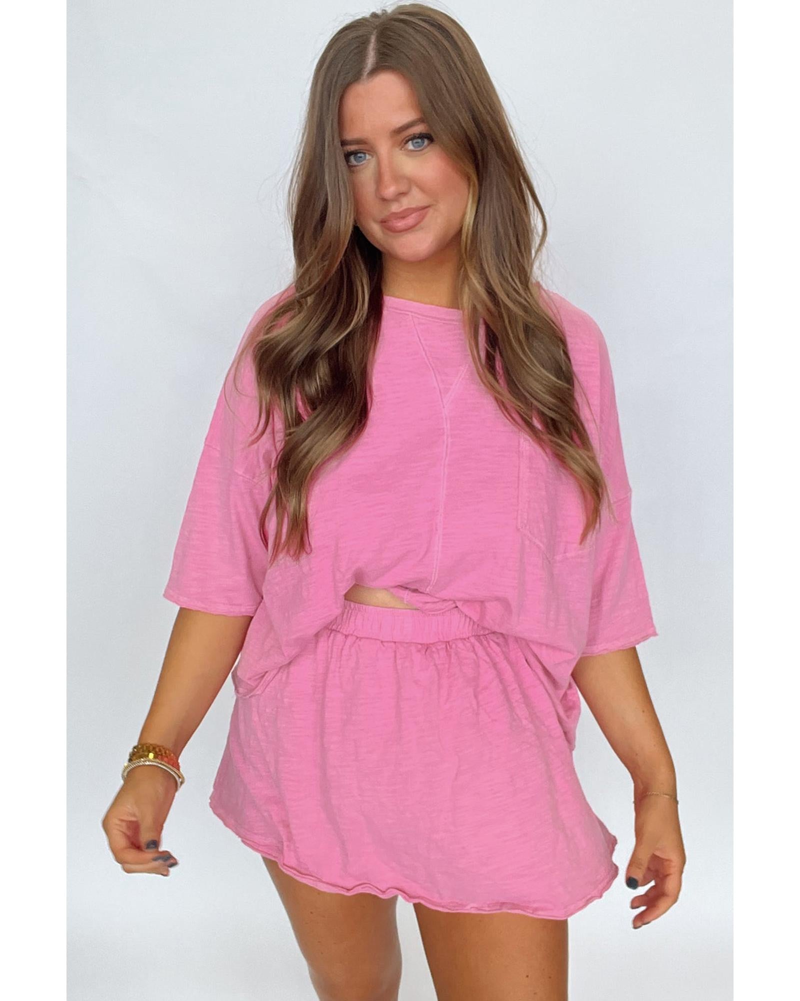 Sachet Pink Loose Fit Half Sleeve T Shirt and High Waist Skirt Set - S 4