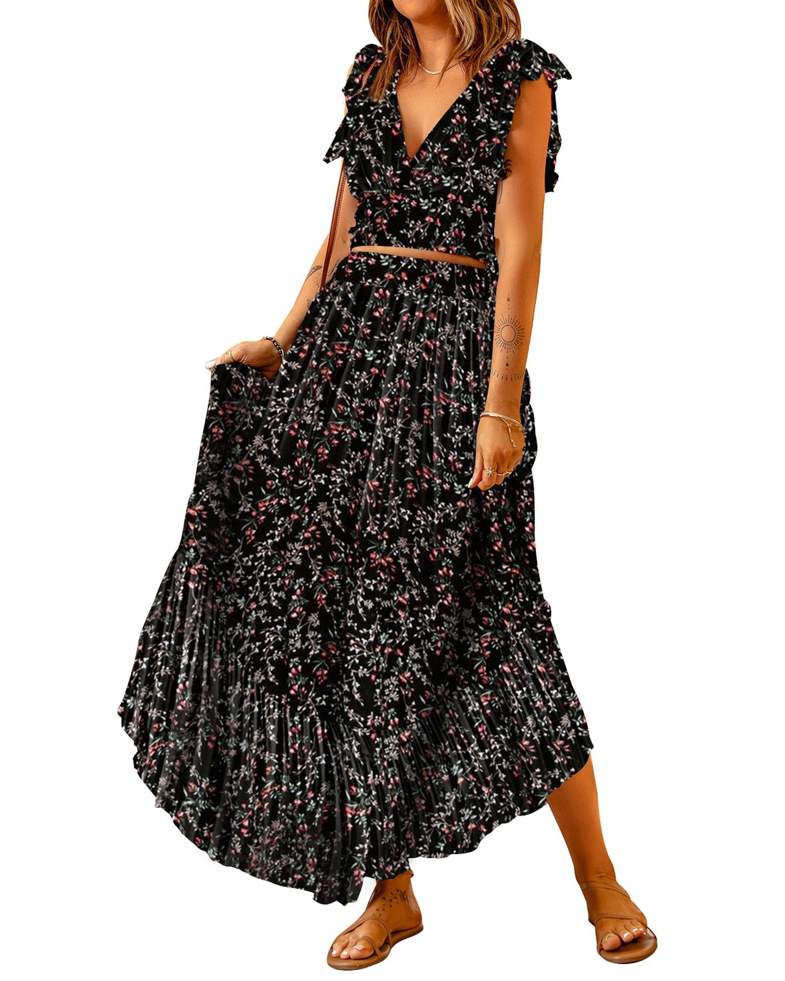 Azura Exchange Floral Ruffled Crop Top and Maxi Skirt Set - M 3