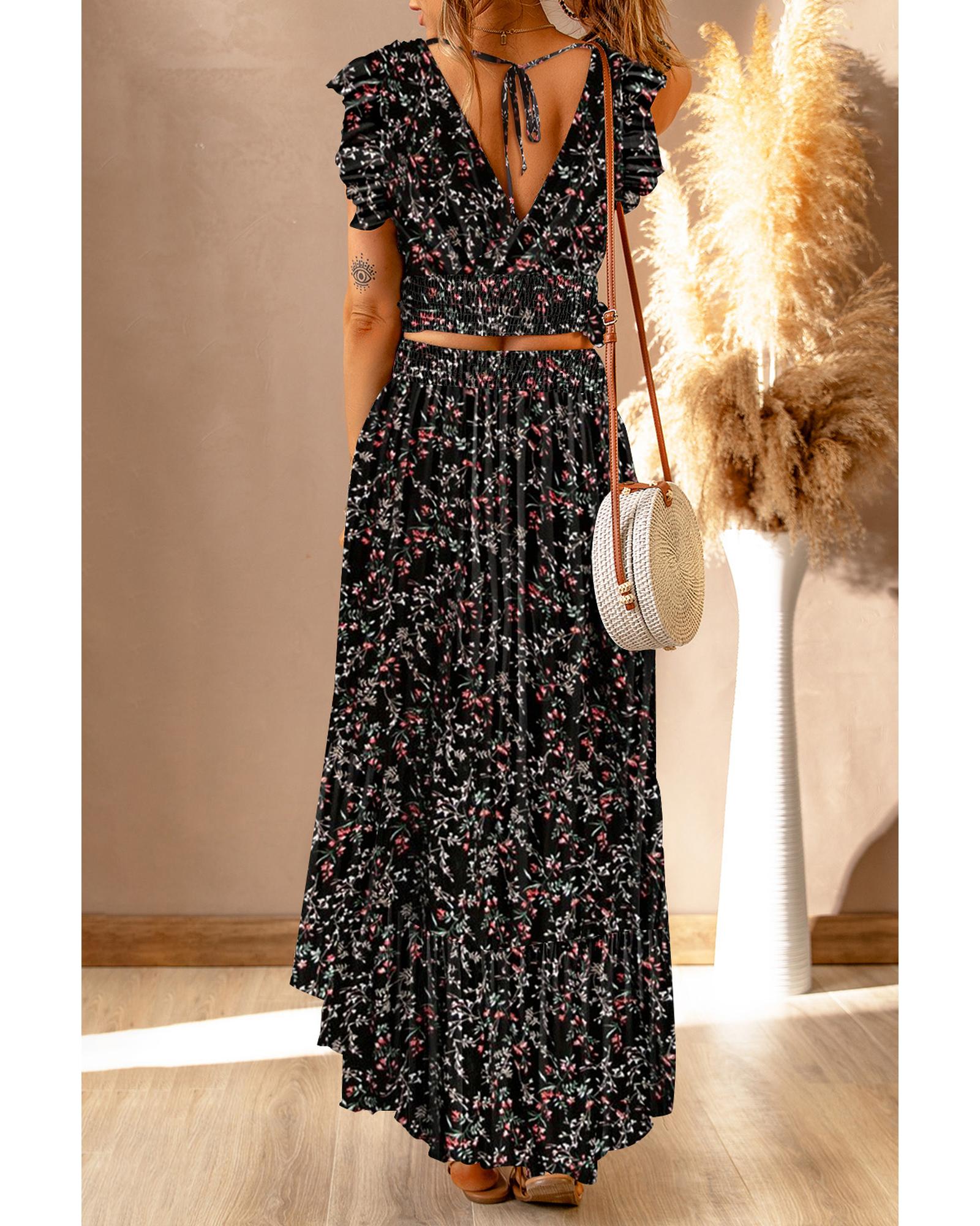 Azura Exchange Floral Ruffled Crop Top and Maxi Skirt Set - M 4