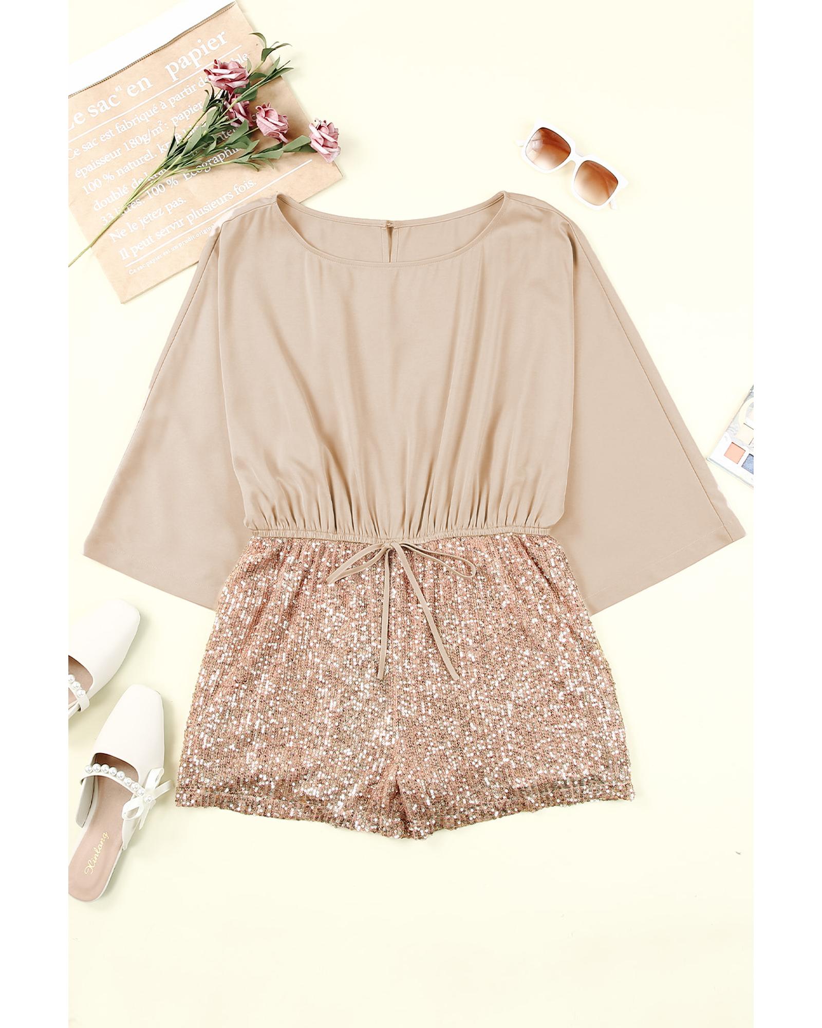Azura Exchange Khaki Sequin Patchwork Drawstring High Waist Romper - M