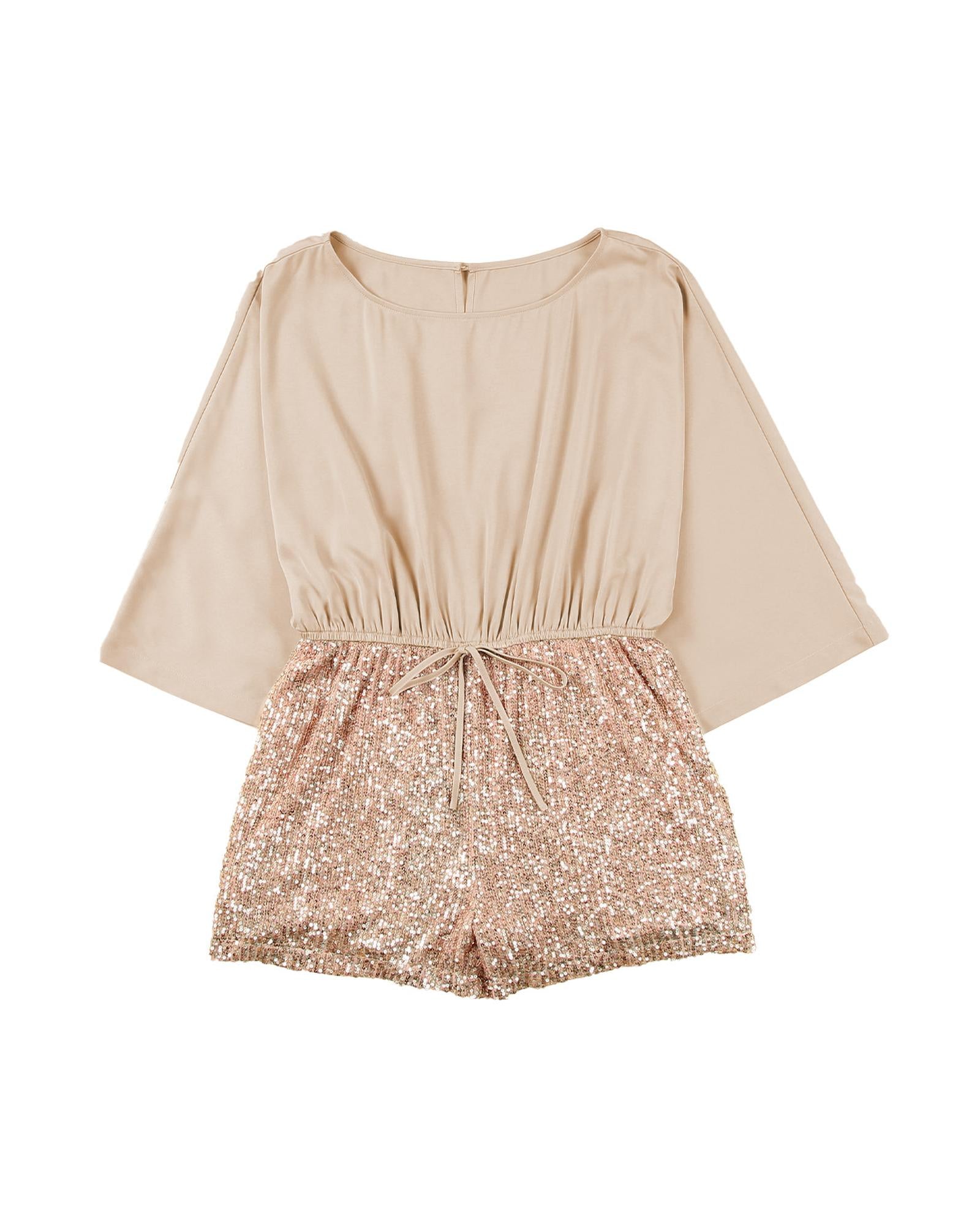 Azura Exchange Khaki Sequin Patchwork Drawstring High Waist Romper - M 4