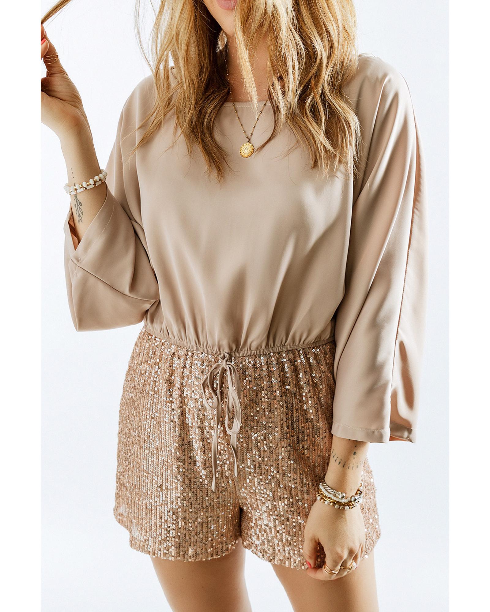 Azura Exchange Khaki Sequin Patchwork Drawstring High Waist Romper - M 5