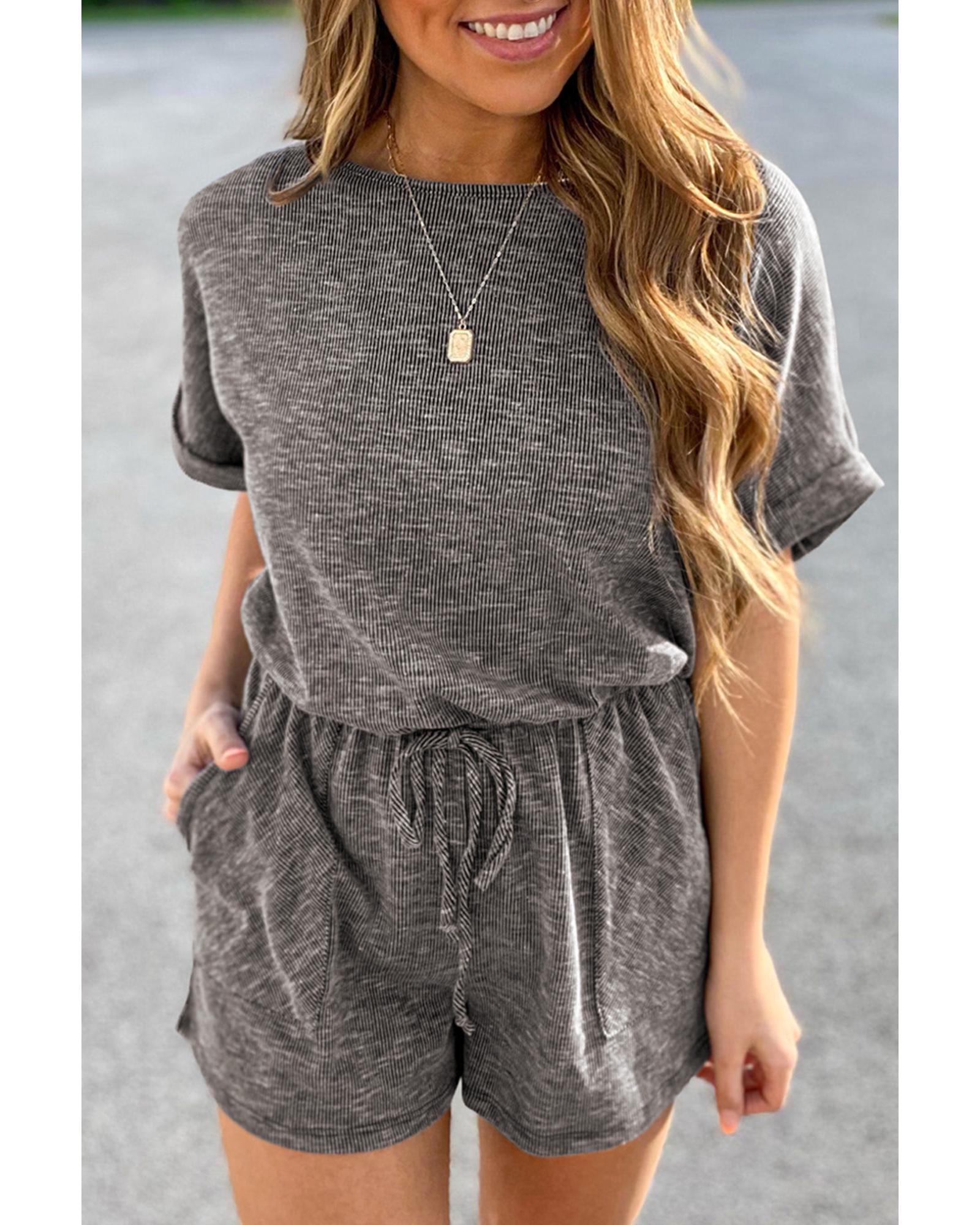 Gray Ribbed Elastic Waist Romper - L 8