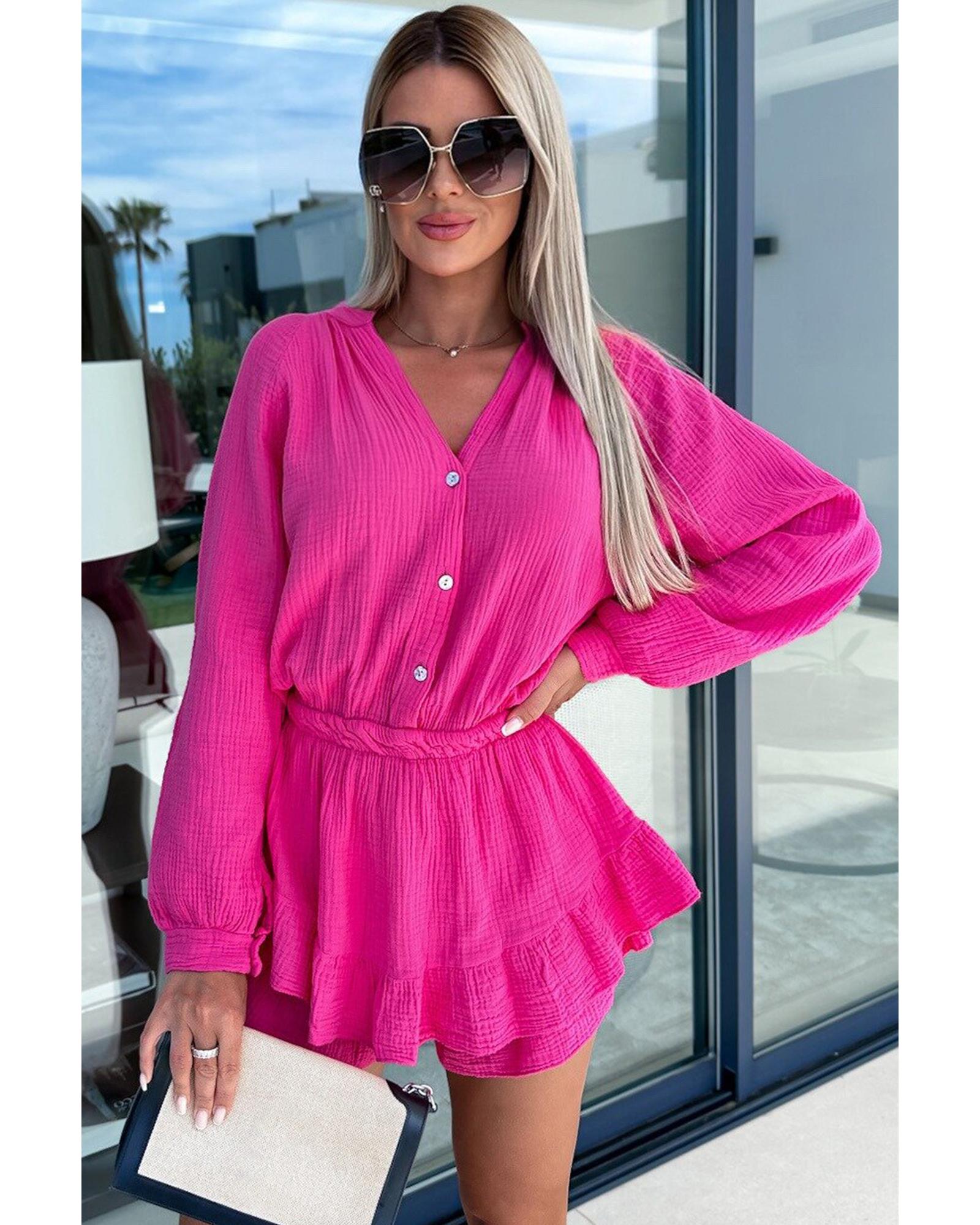 Azura Exchange Rose Textured Tiered Ruffled Buttoned Long Sleeve Romper - L