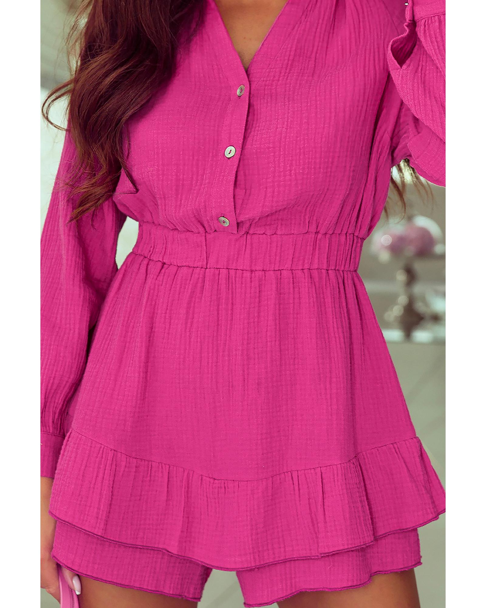 Azura Exchange Rose Textured Tiered Ruffled Buttoned Long Sleeve Romper - L 4