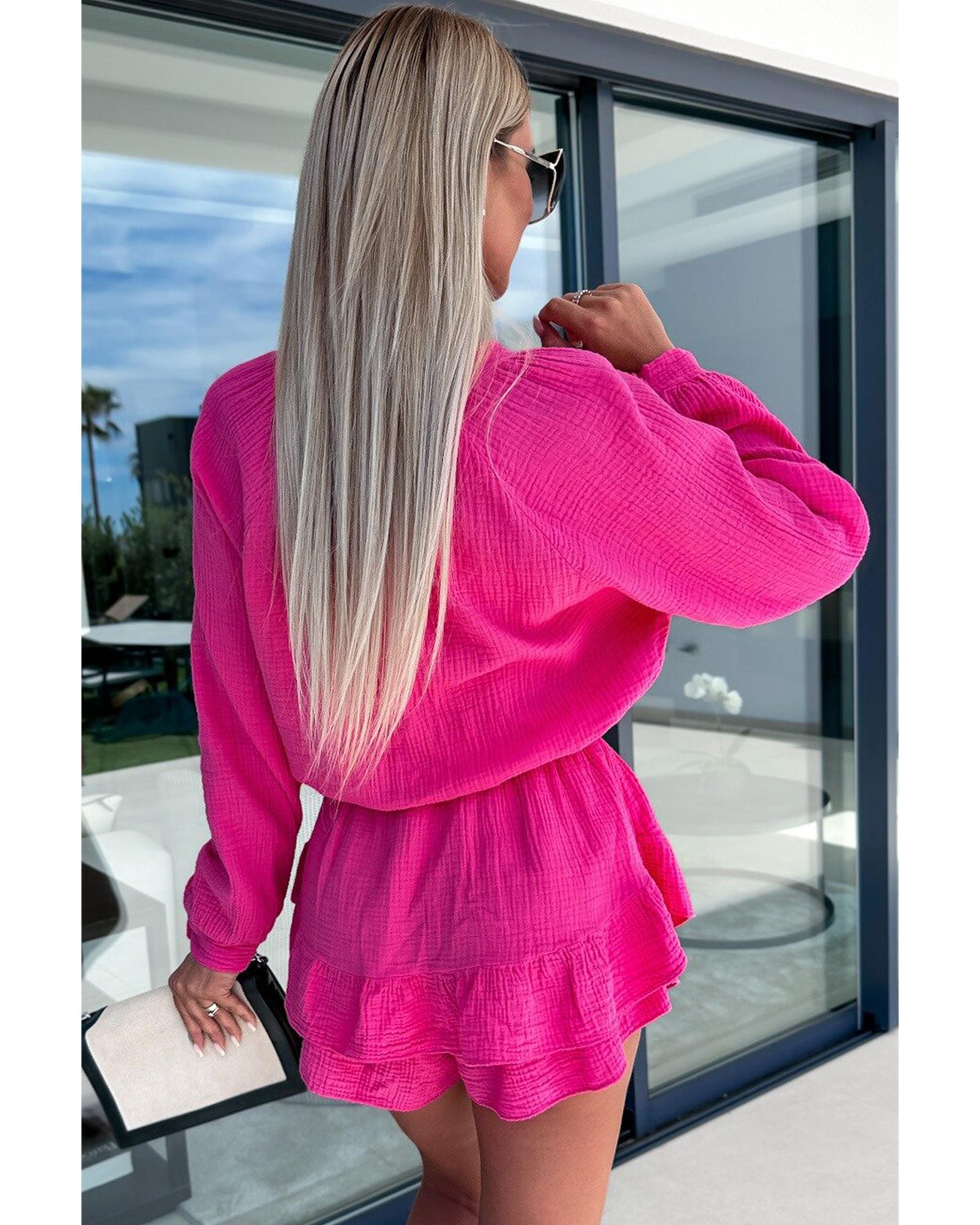 Azura Exchange Rose Textured Tiered Ruffled Buttoned Long Sleeve Romper - L 5