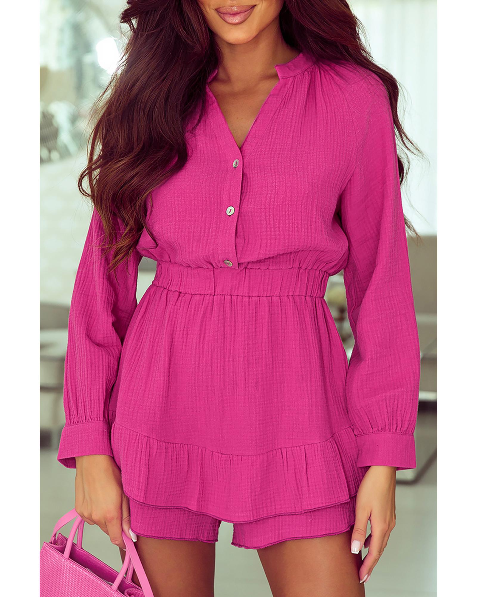 Azura Exchange Rose Textured Tiered Ruffled Buttoned Long Sleeve Romper - S