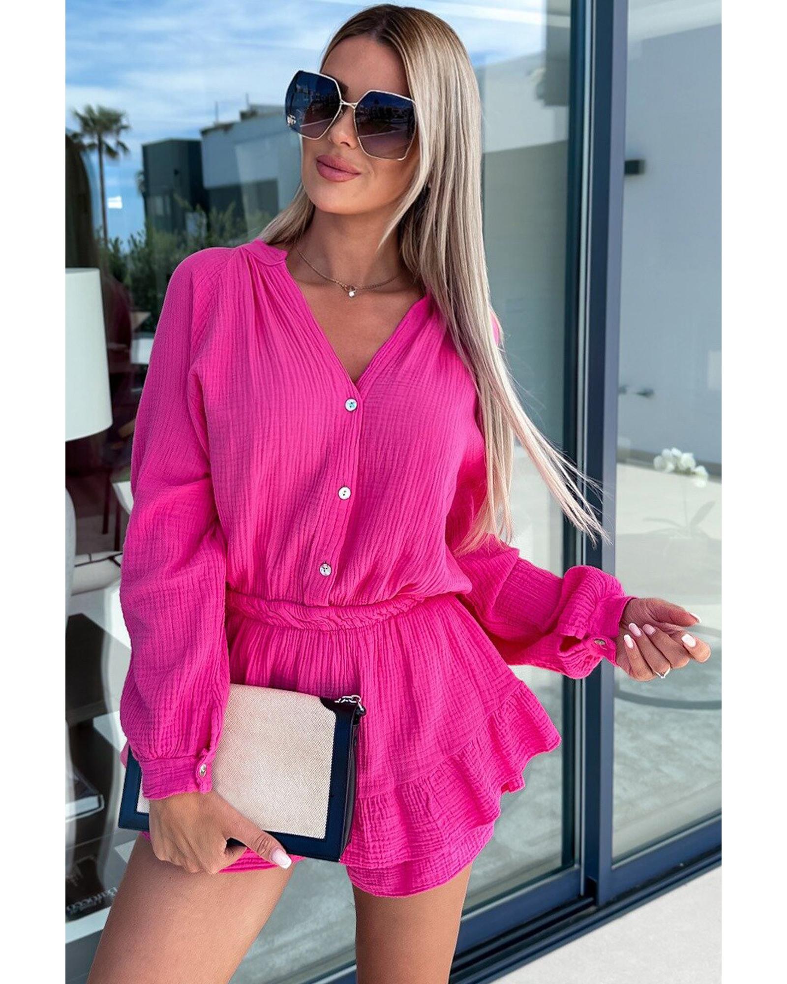 Azura Exchange Rose Textured Tiered Ruffled Buttoned Long Sleeve Romper - XL 8