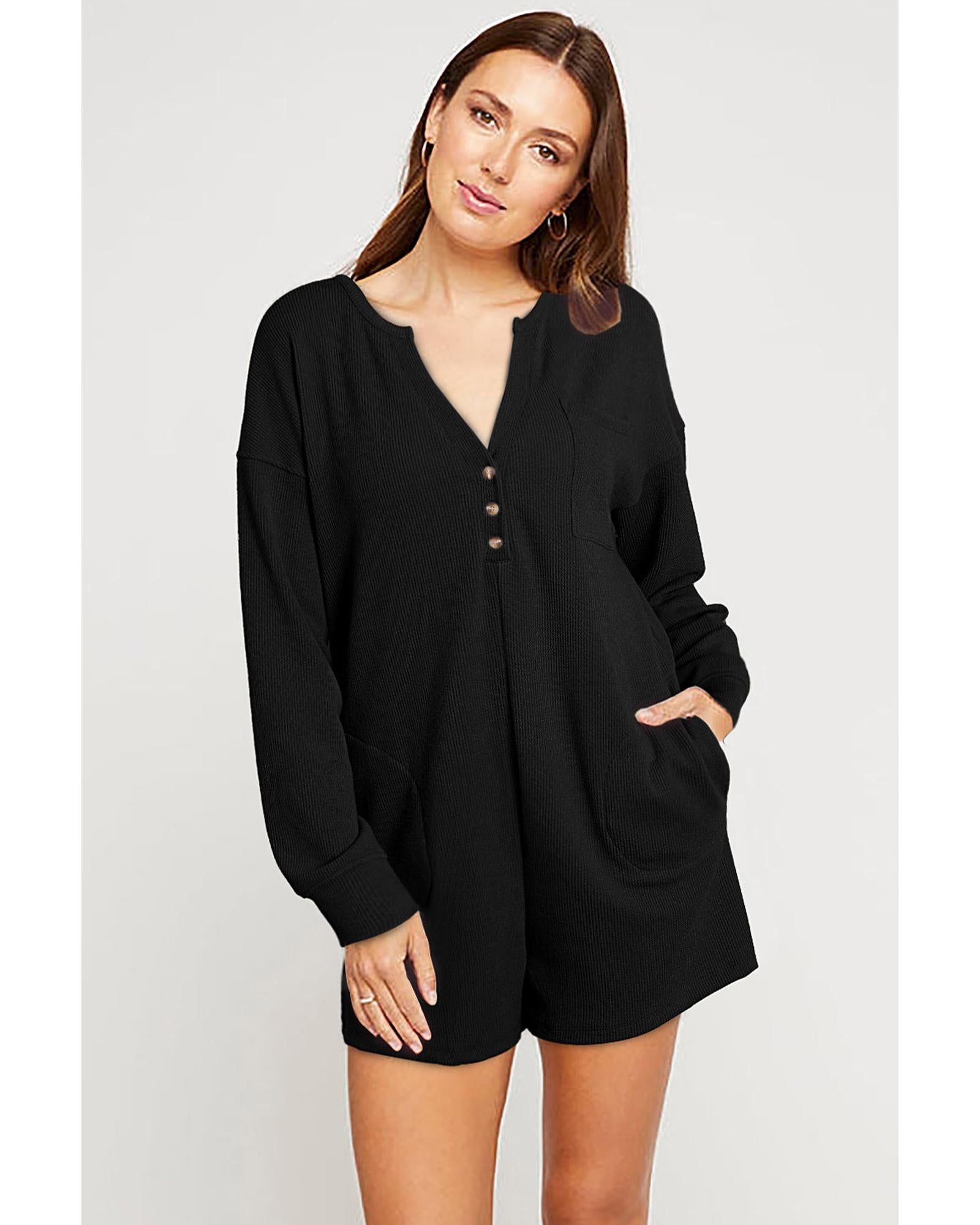 Black Brushed Ribbed Button Split V Neck Long Sleeve Romper - 2XL 3