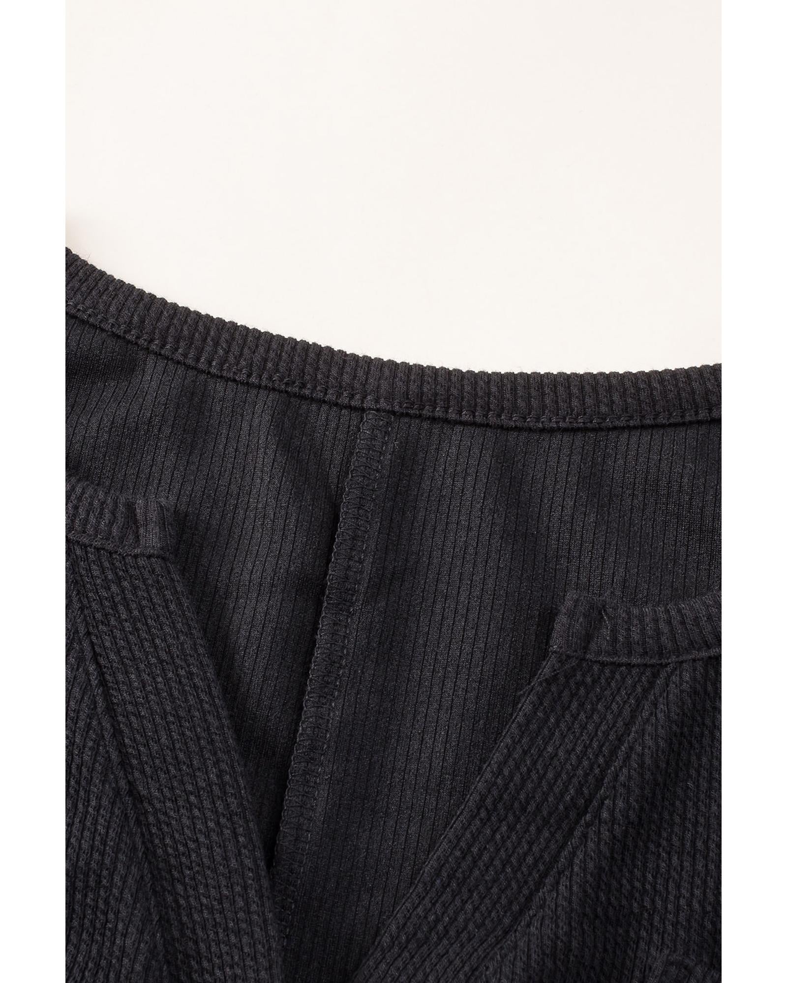 Black Brushed Ribbed Button Split V Neck Long Sleeve Romper - 2XL 7