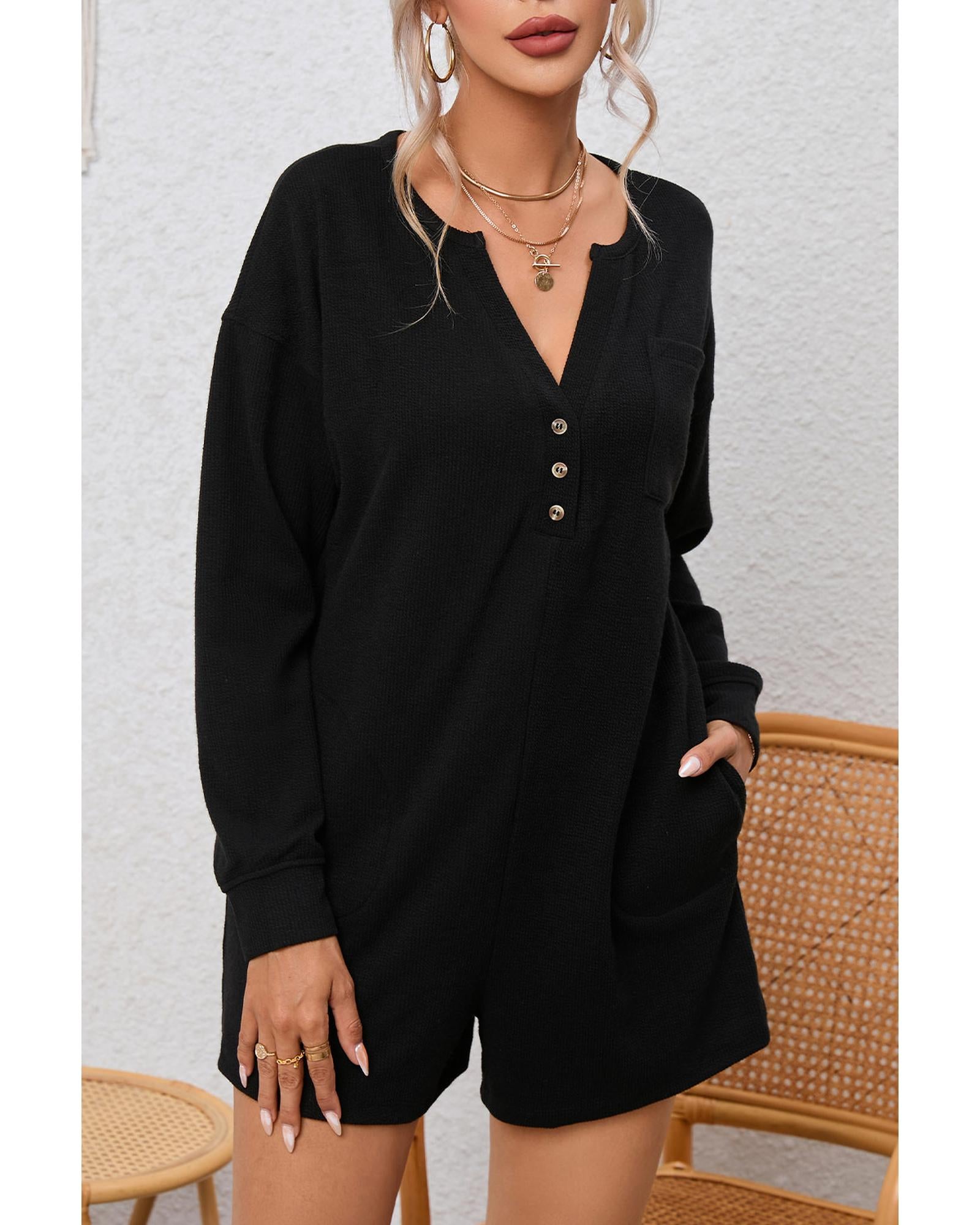 Black Brushed Ribbed Button Split V Neck Long Sleeve Romper - 2XL 8