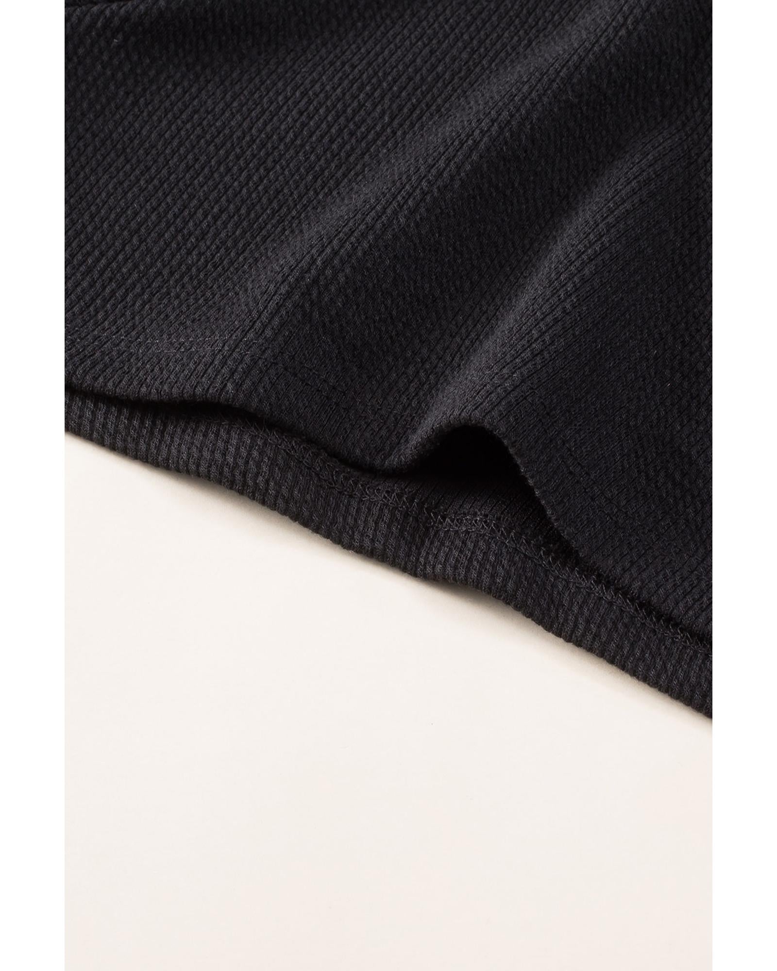 Black Brushed Ribbed Button Split V Neck Long Sleeve Romper - M