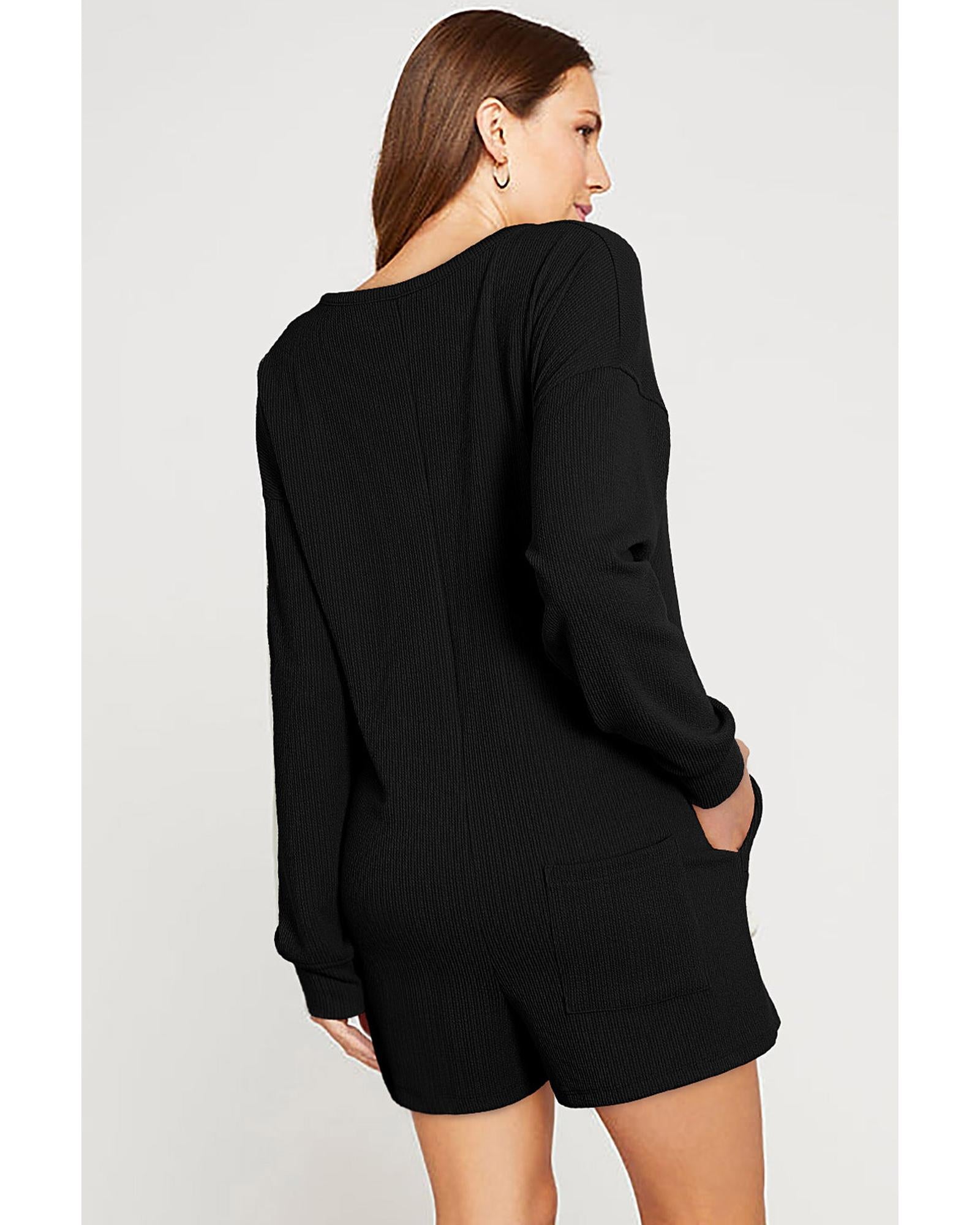 Black Brushed Ribbed Button Split V Neck Long Sleeve Romper - XL 5