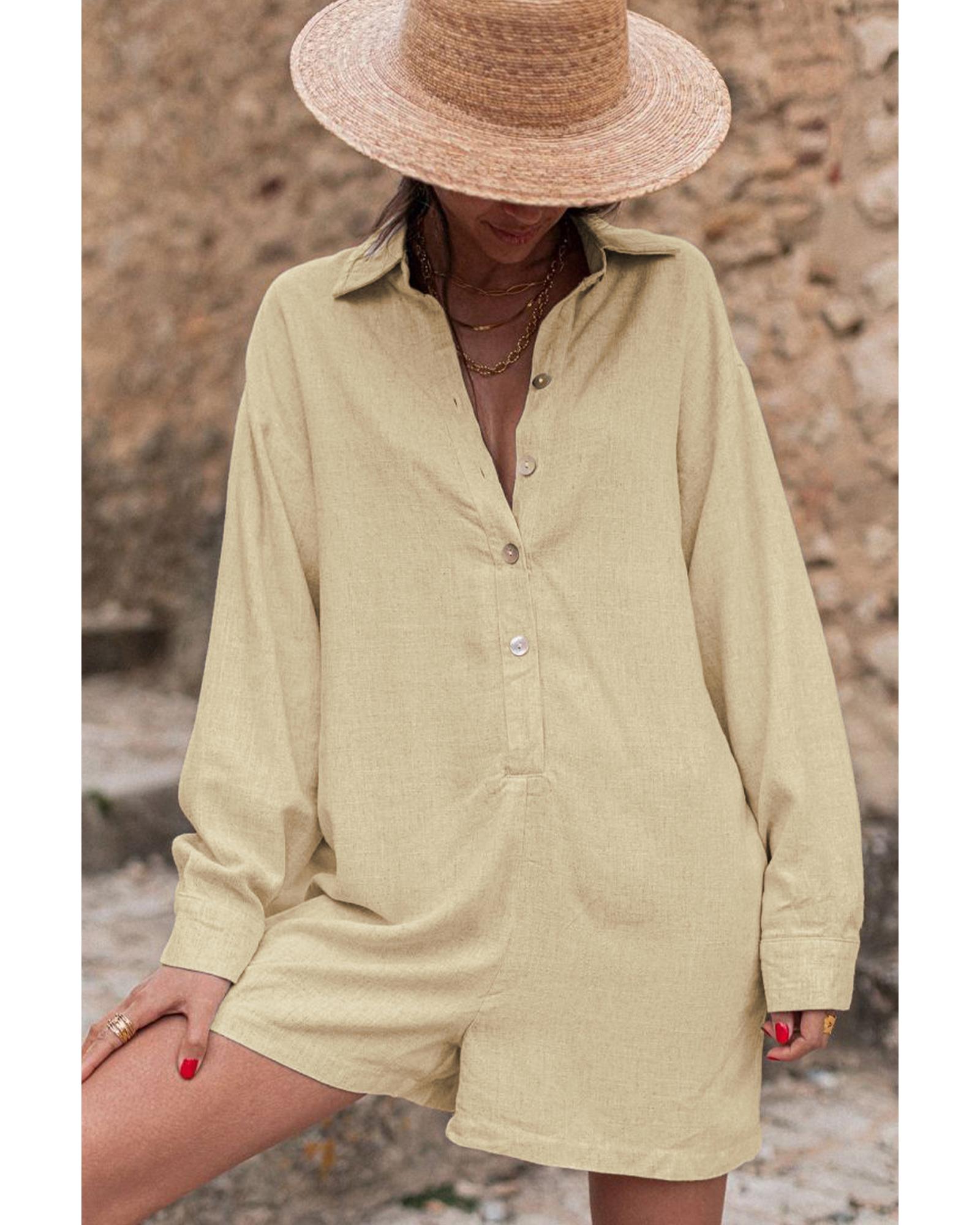 Half Button Shirt Collar Long Sleeve Loose Romper - L 5