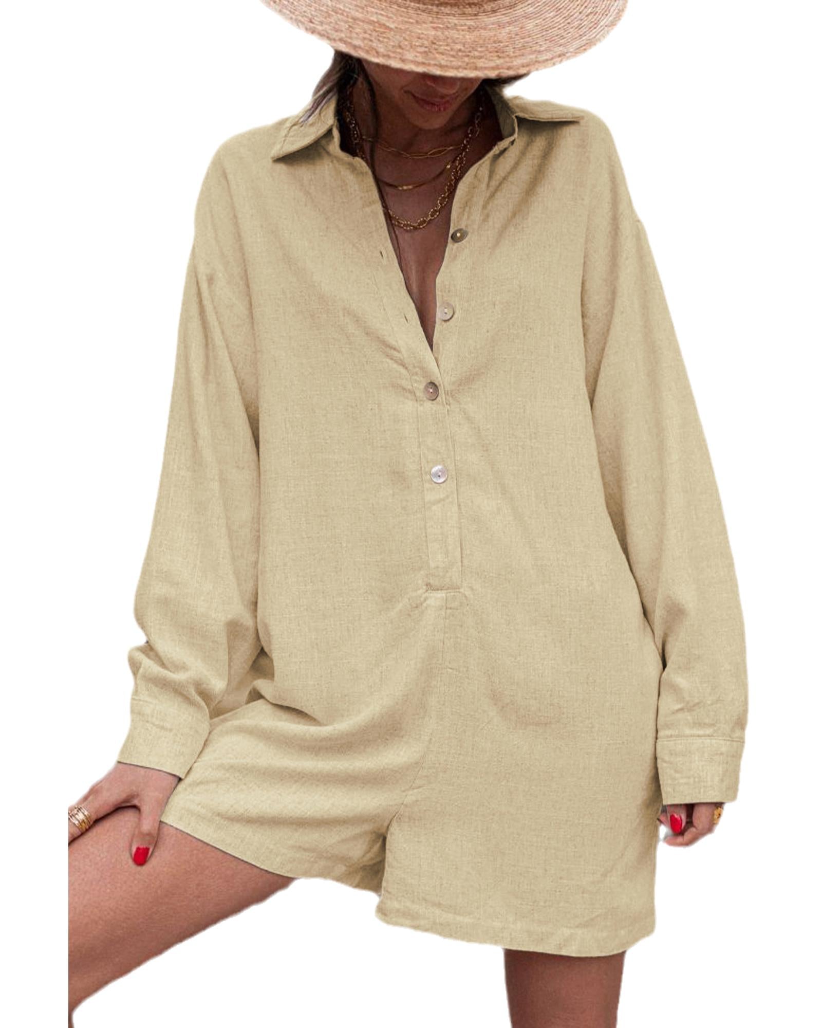 Half Button Shirt Collar Long Sleeve Loose Romper - L 6