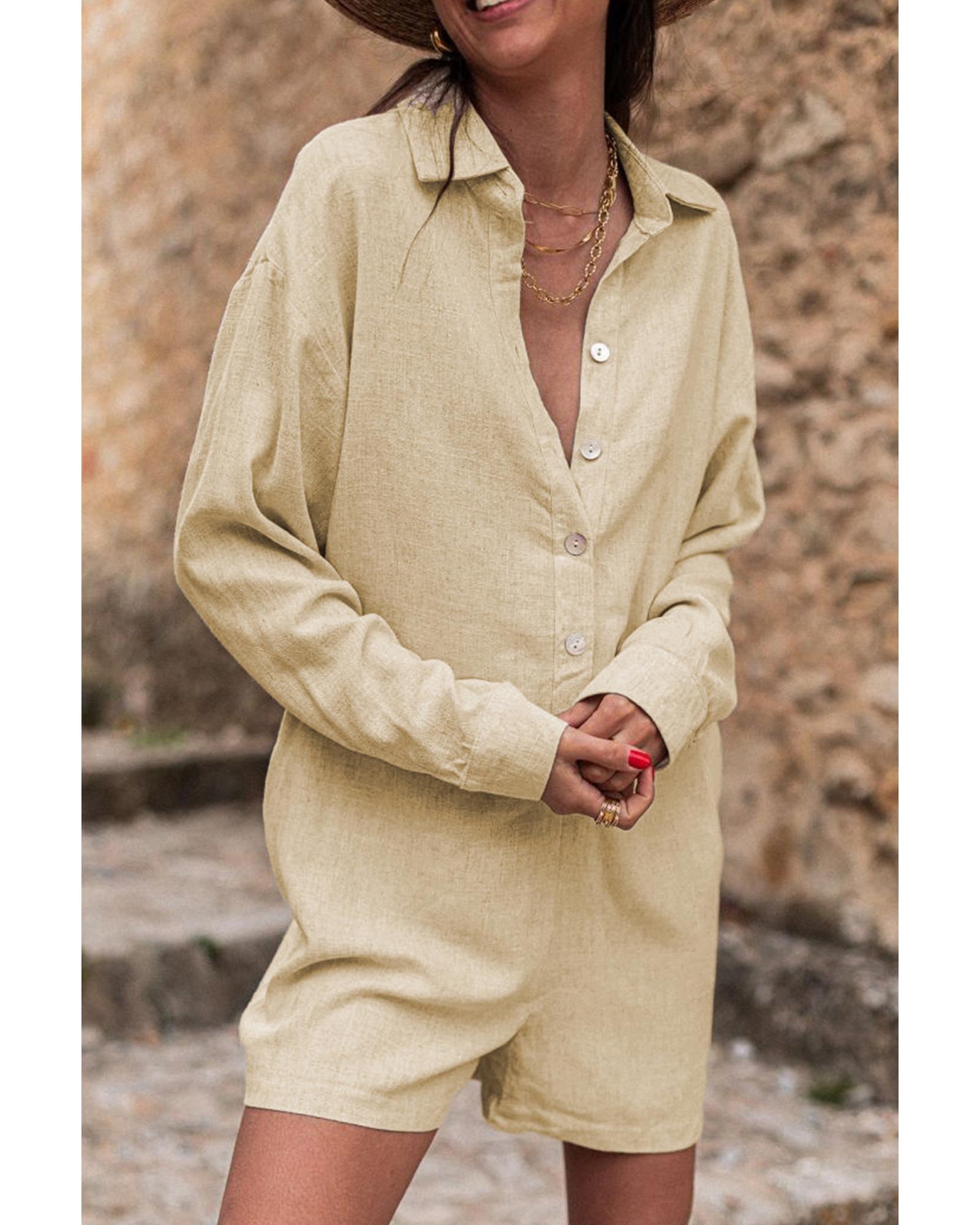 Half Button Shirt Collar Long Sleeve Loose Romper - M