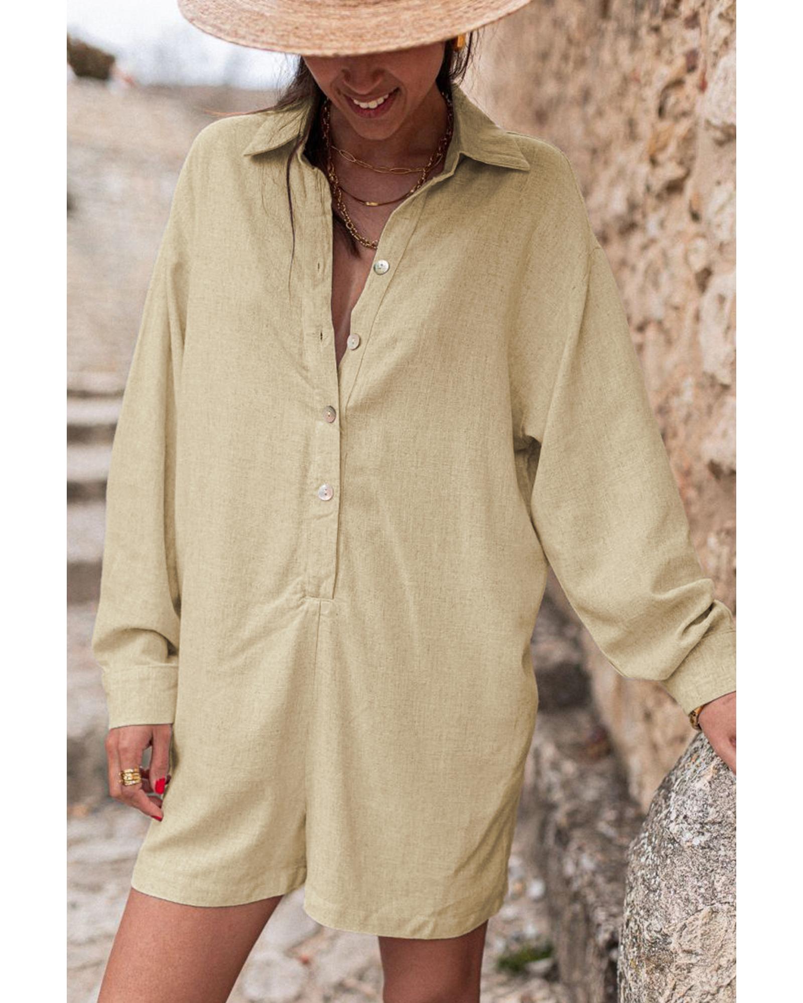 Half Button Shirt Collar Long Sleeve Loose Romper - S 3