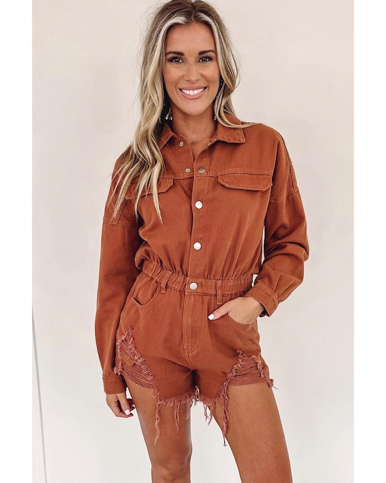Gold Flame Long Sleeve Snap Buttons Distressed Denim Romper - L 3