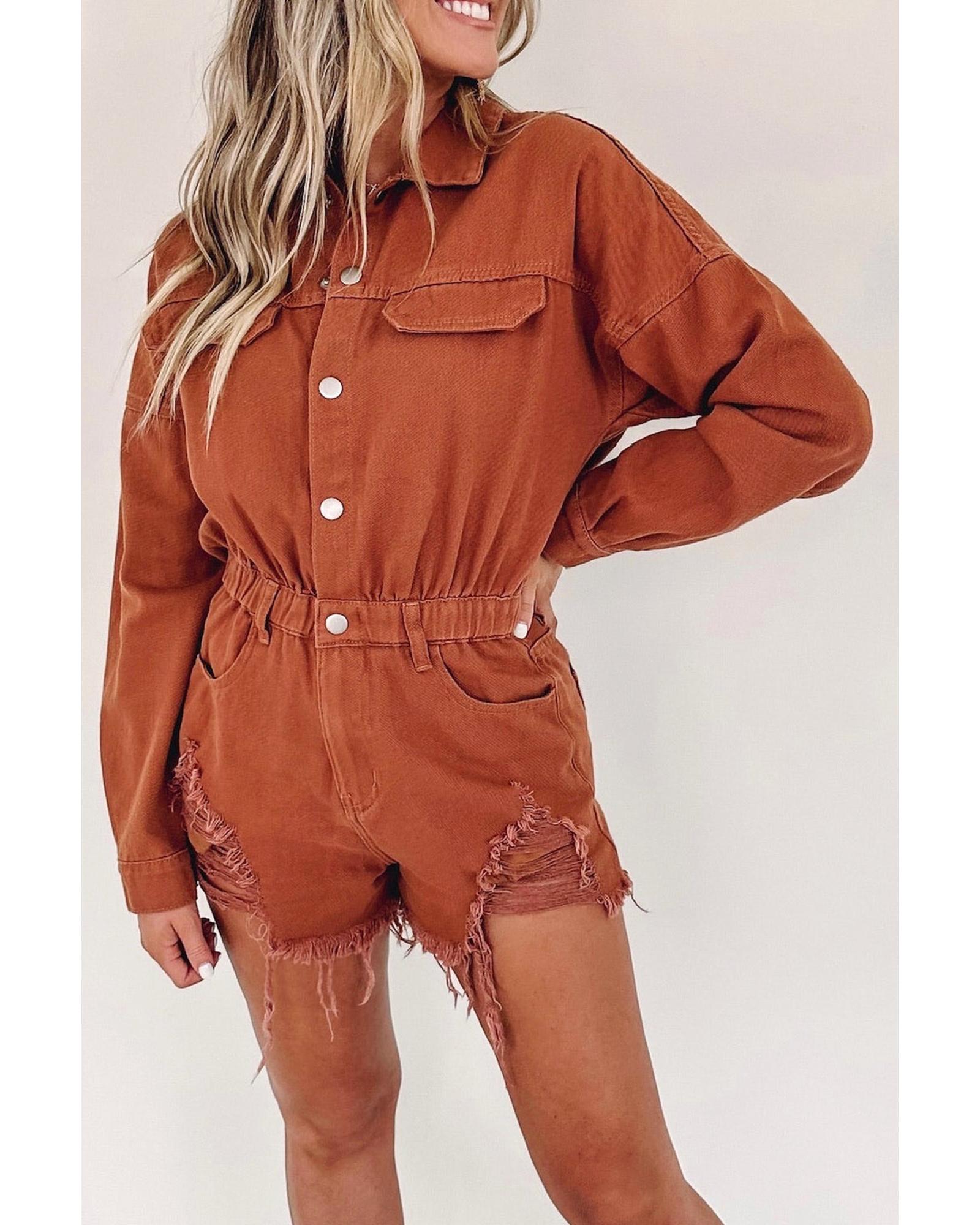 Gold Flame Long Sleeve Snap Buttons Distressed Denim Romper - L 4
