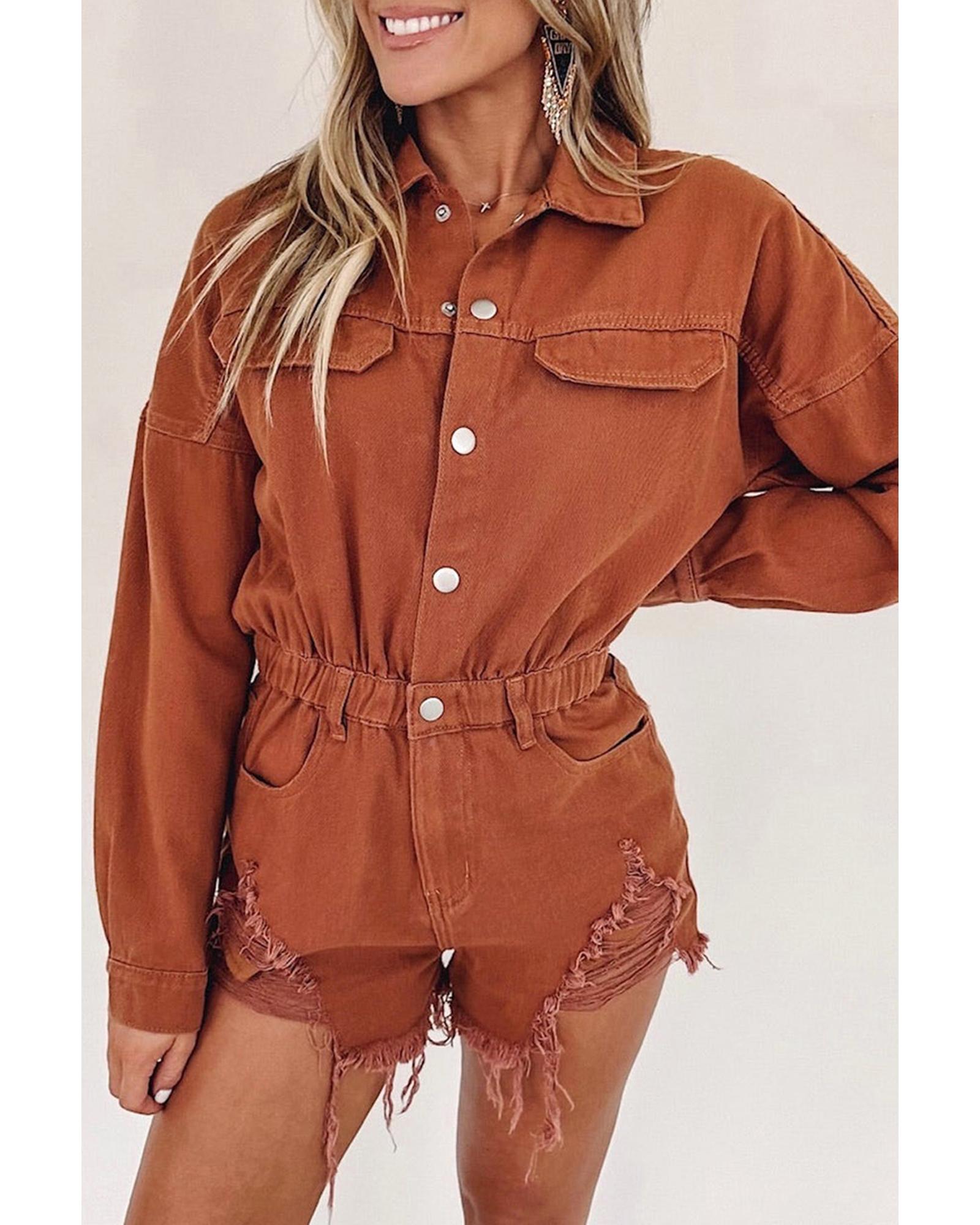 Gold Flame Long Sleeve Snap Buttons Distressed Denim Romper - L 5