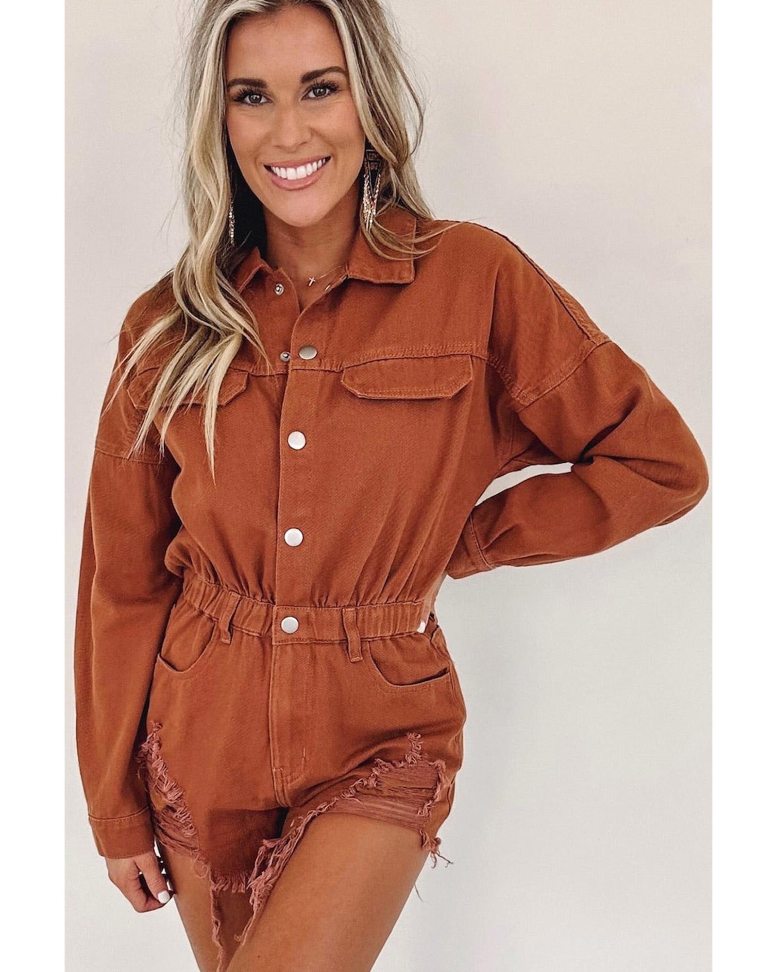 Gold Flame Long Sleeve Snap Buttons Distressed Denim Romper - L 6