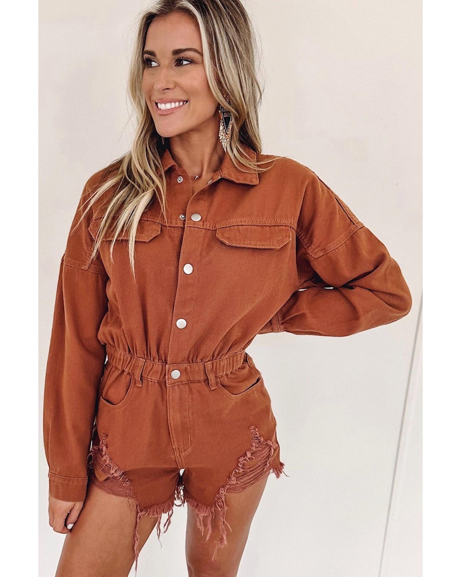Gold Flame Long Sleeve Snap Buttons Distressed Denim Romper - L 7