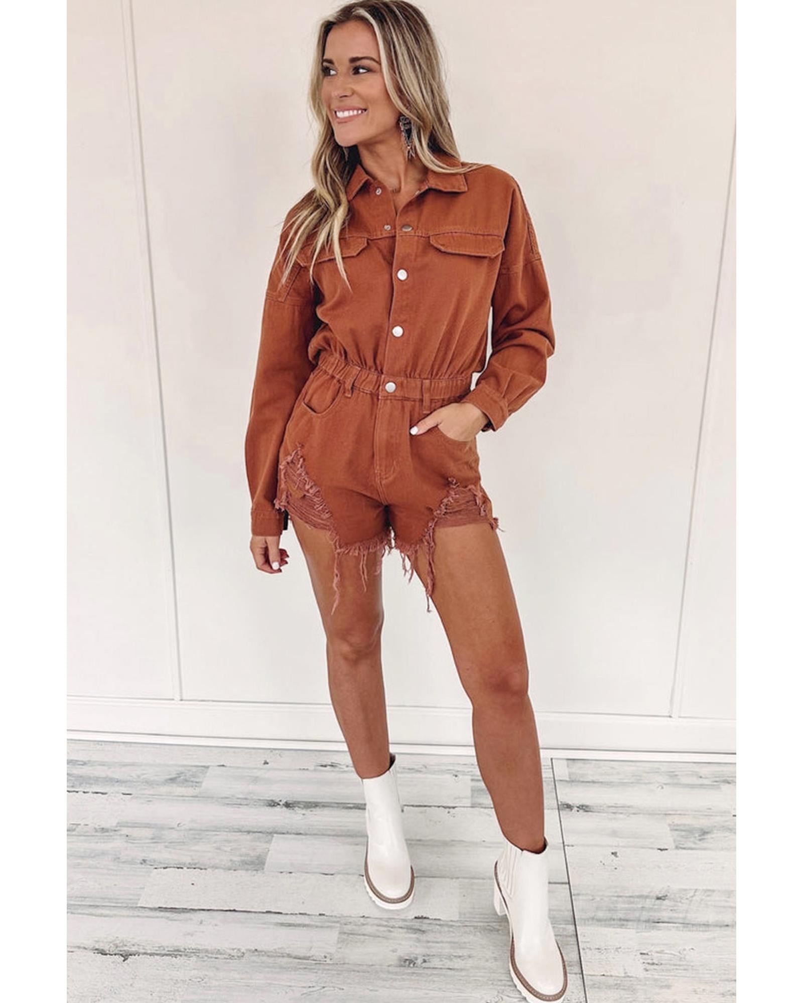 Gold Flame Long Sleeve Snap Buttons Distressed Denim Romper - XL