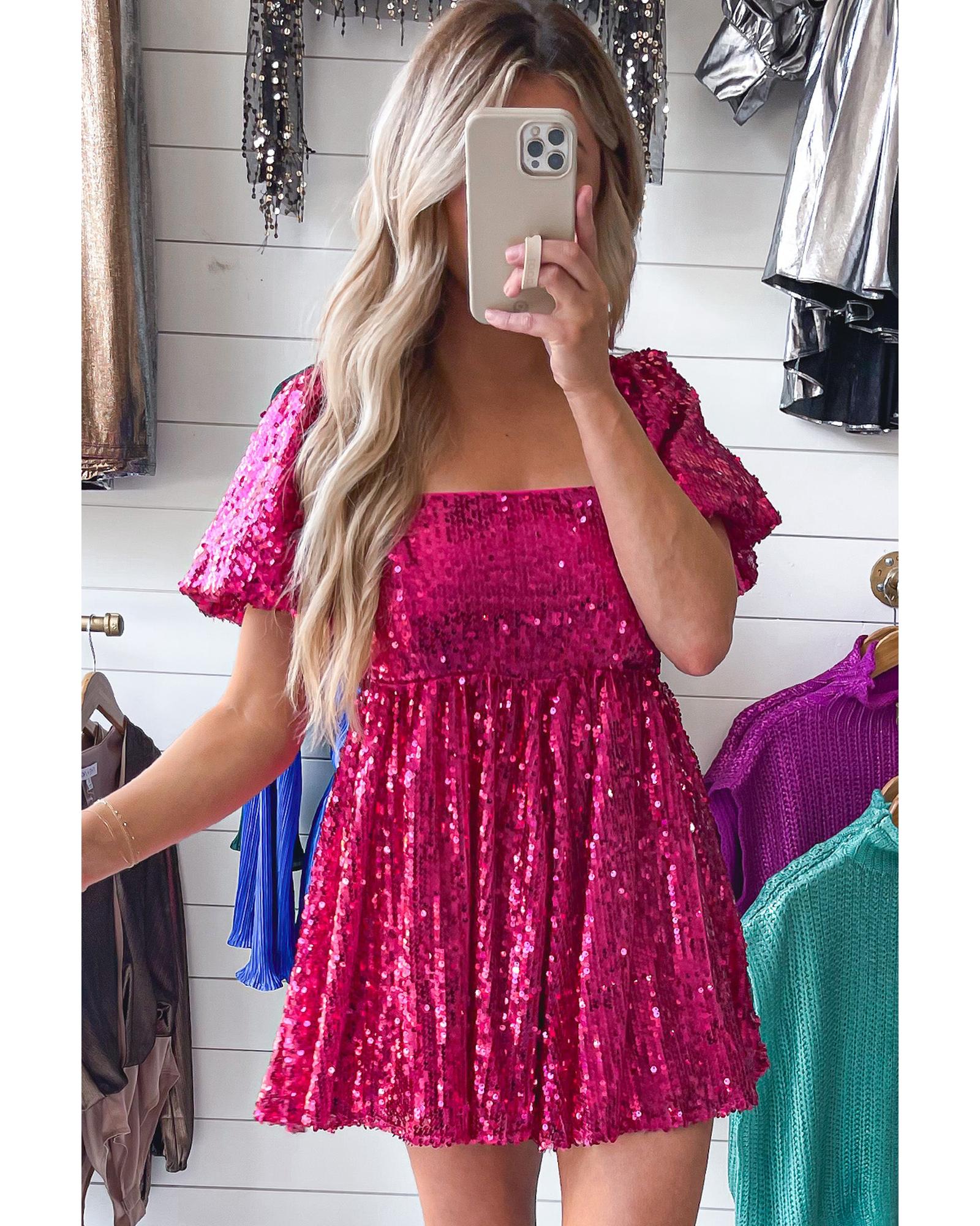 Rose Red Short Puff Sleeve Sequin Babydoll Romper - XL