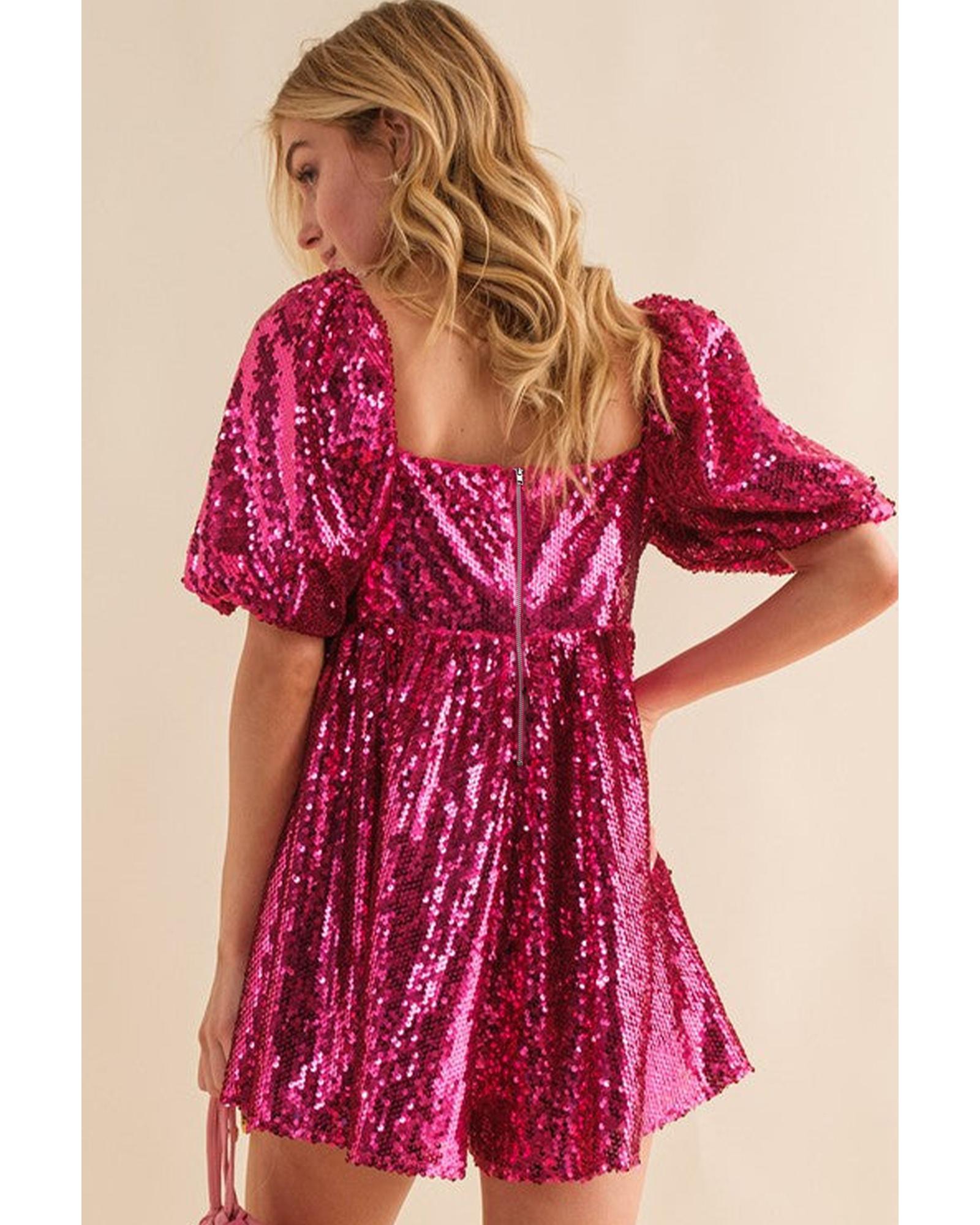 Rose Red Short Puff Sleeve Sequin Babydoll Romper - XL 3