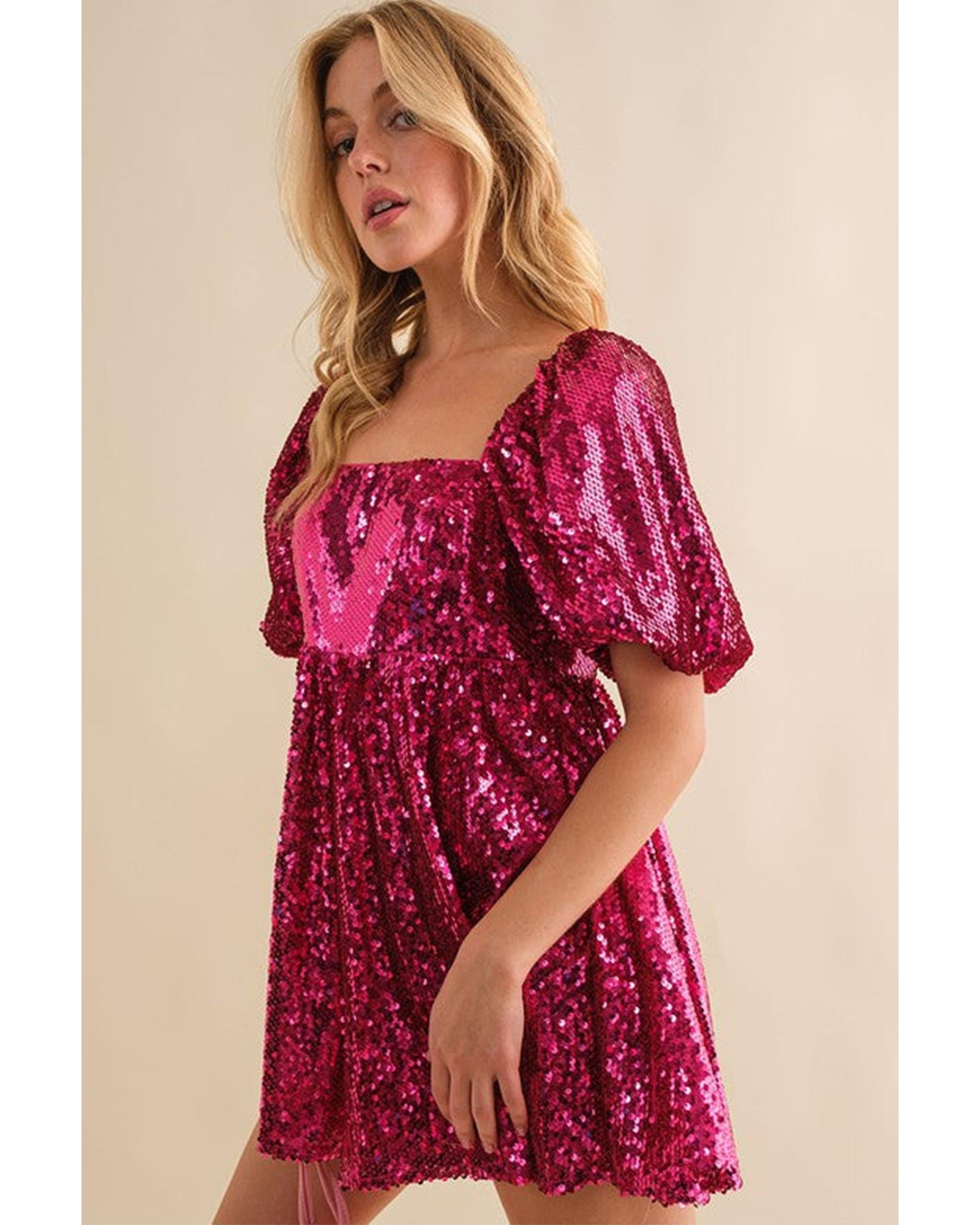 Rose Red Short Puff Sleeve Sequin Babydoll Romper - XL 5