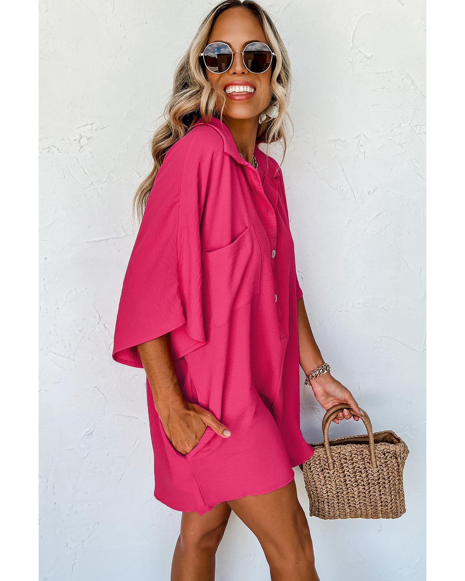 Bright Pink Half Button Collared Loose Romper - M 4