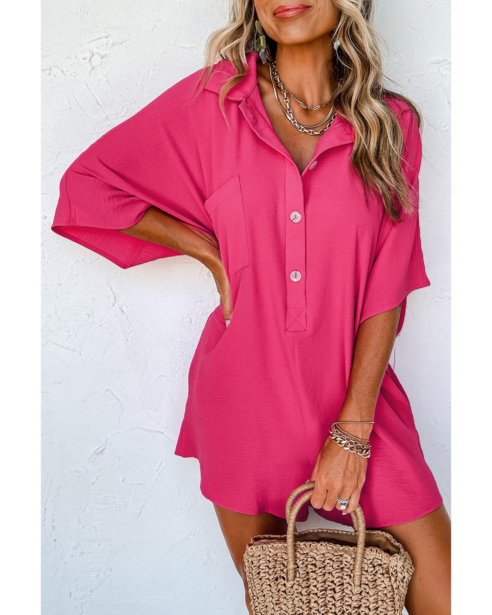 Bright Pink Half Button Collared Loose Romper - S 5