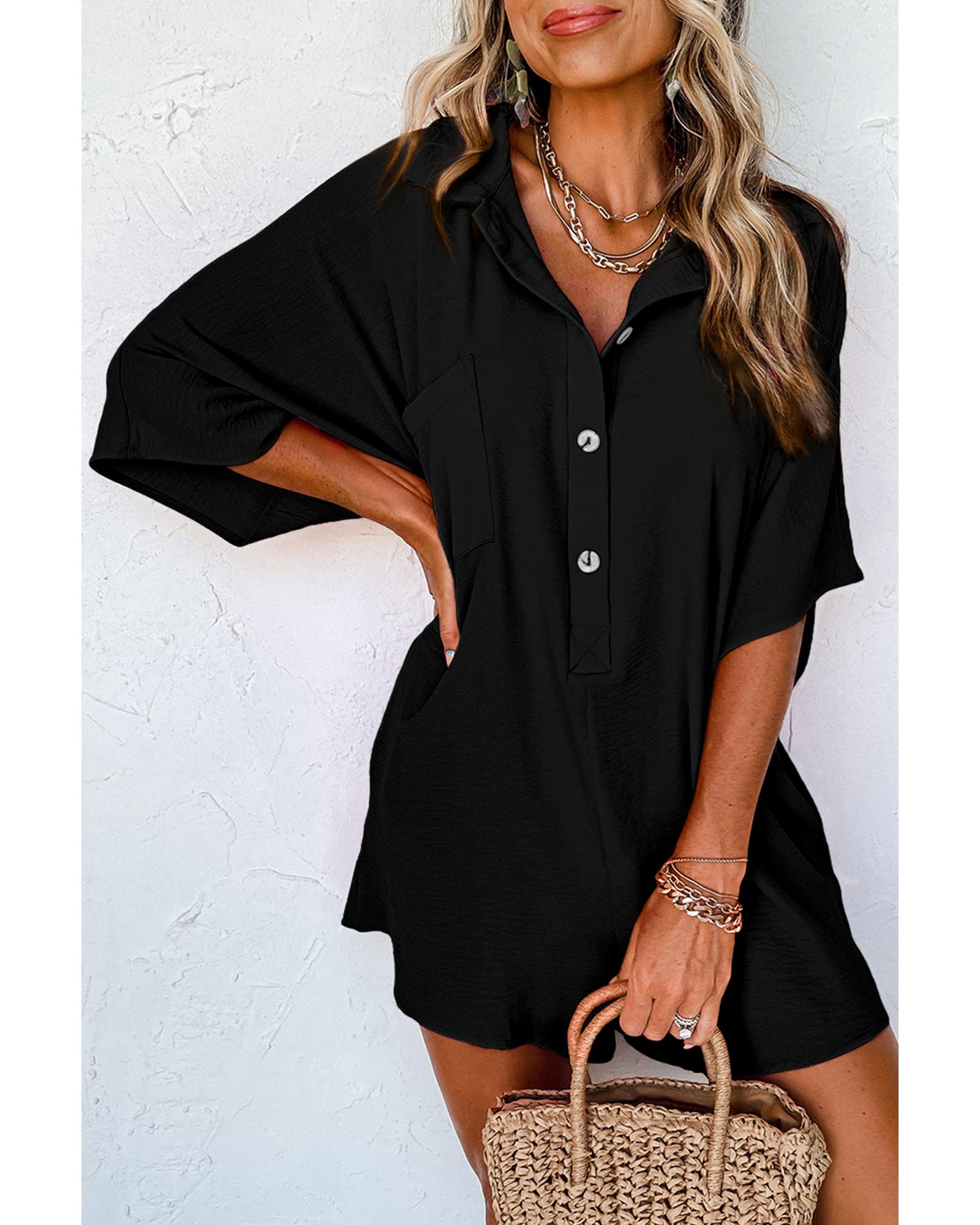 Black Half Button Collared Loose Romper - M 6