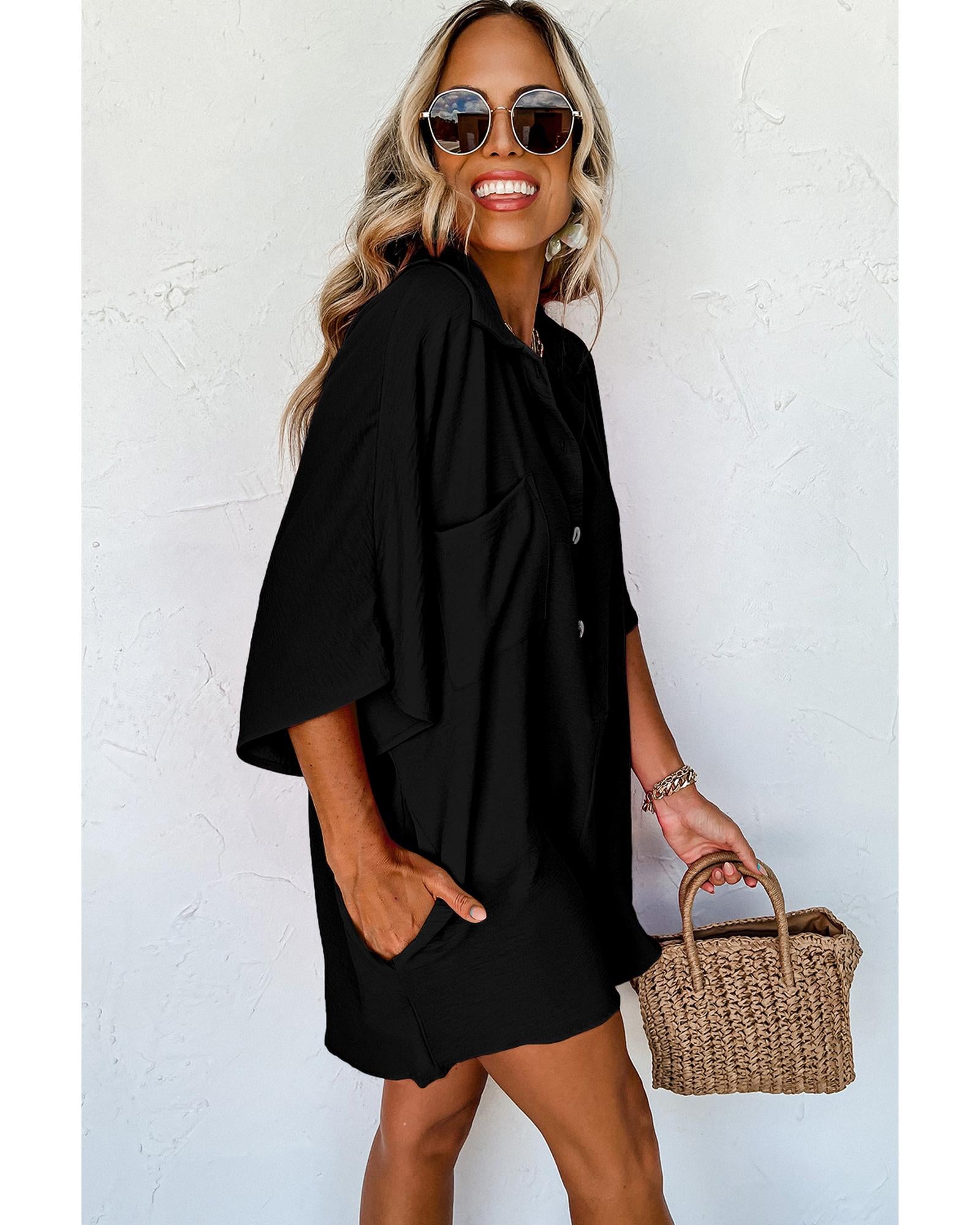 Black Half Button Collared Loose Romper - S 3