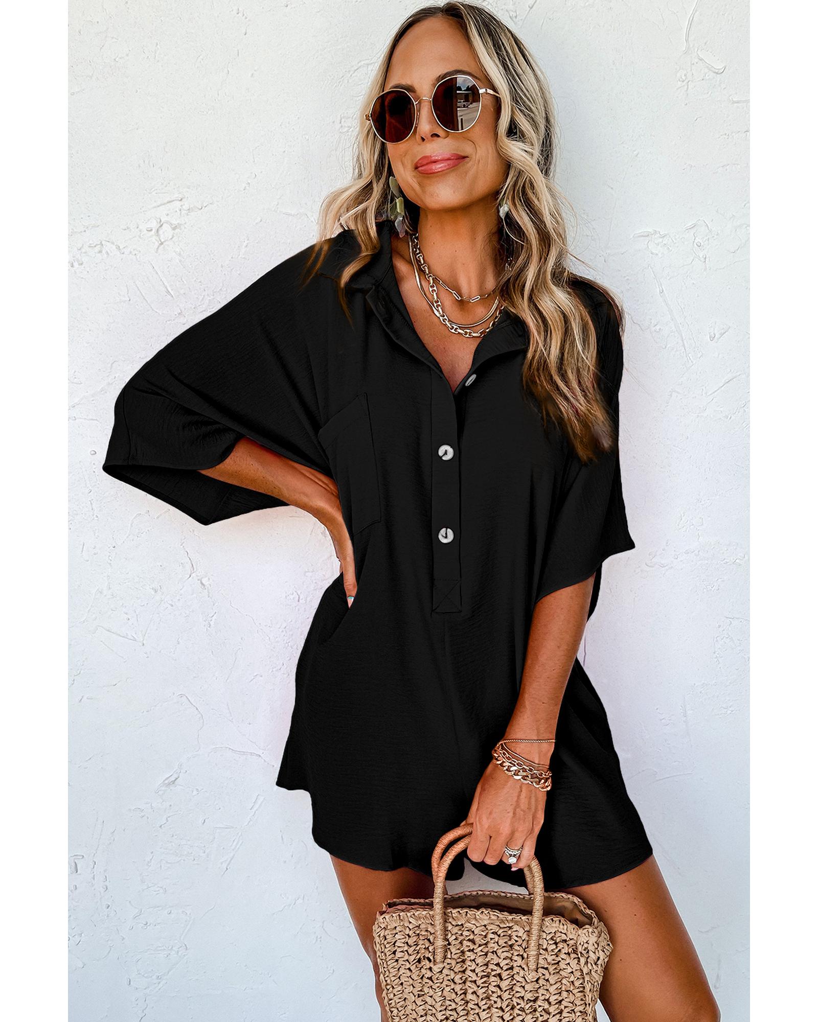 Black Half Button Collared Loose Romper - S 7