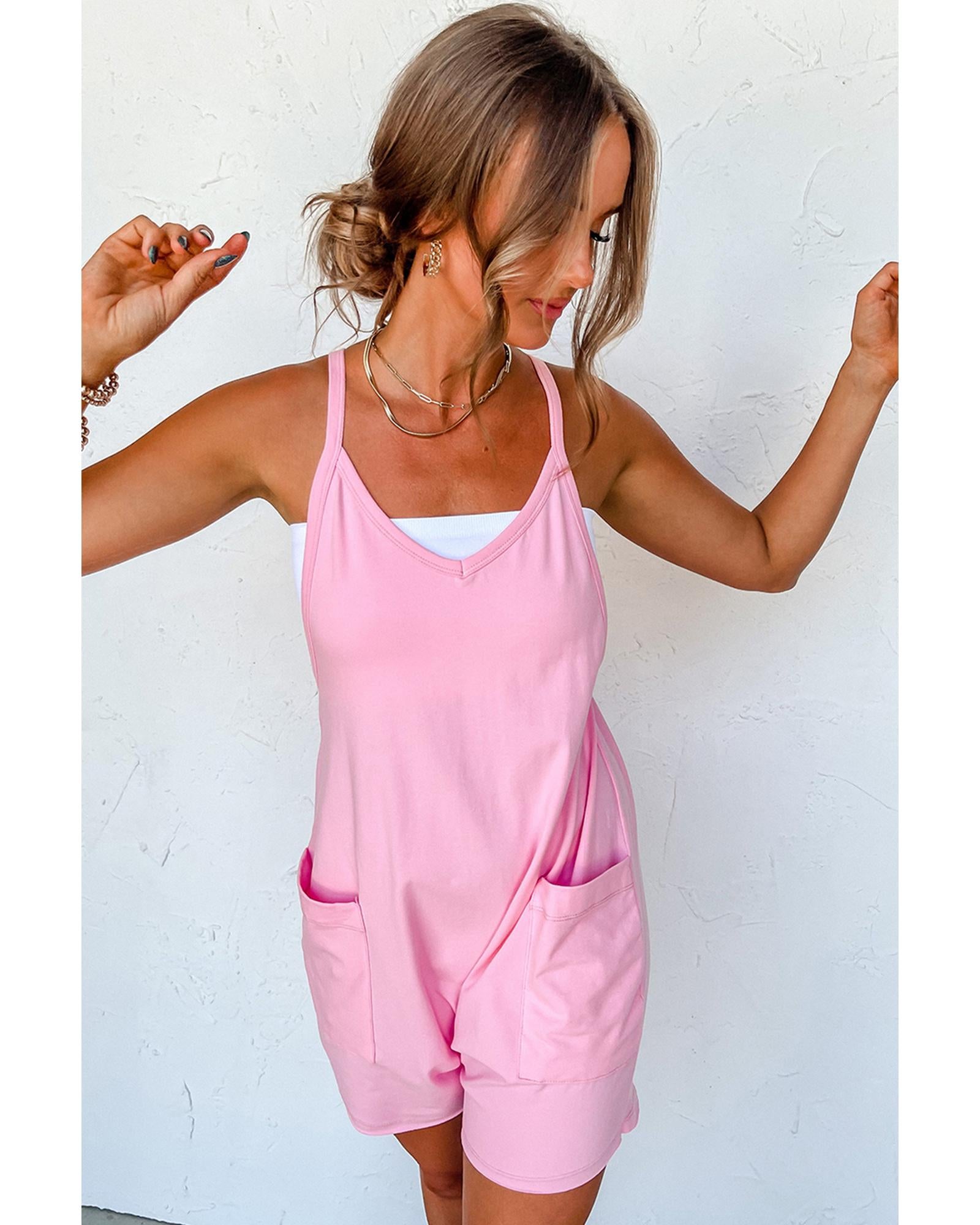 Pink Spaghetti Straps V Neck Jersey Romper - L
