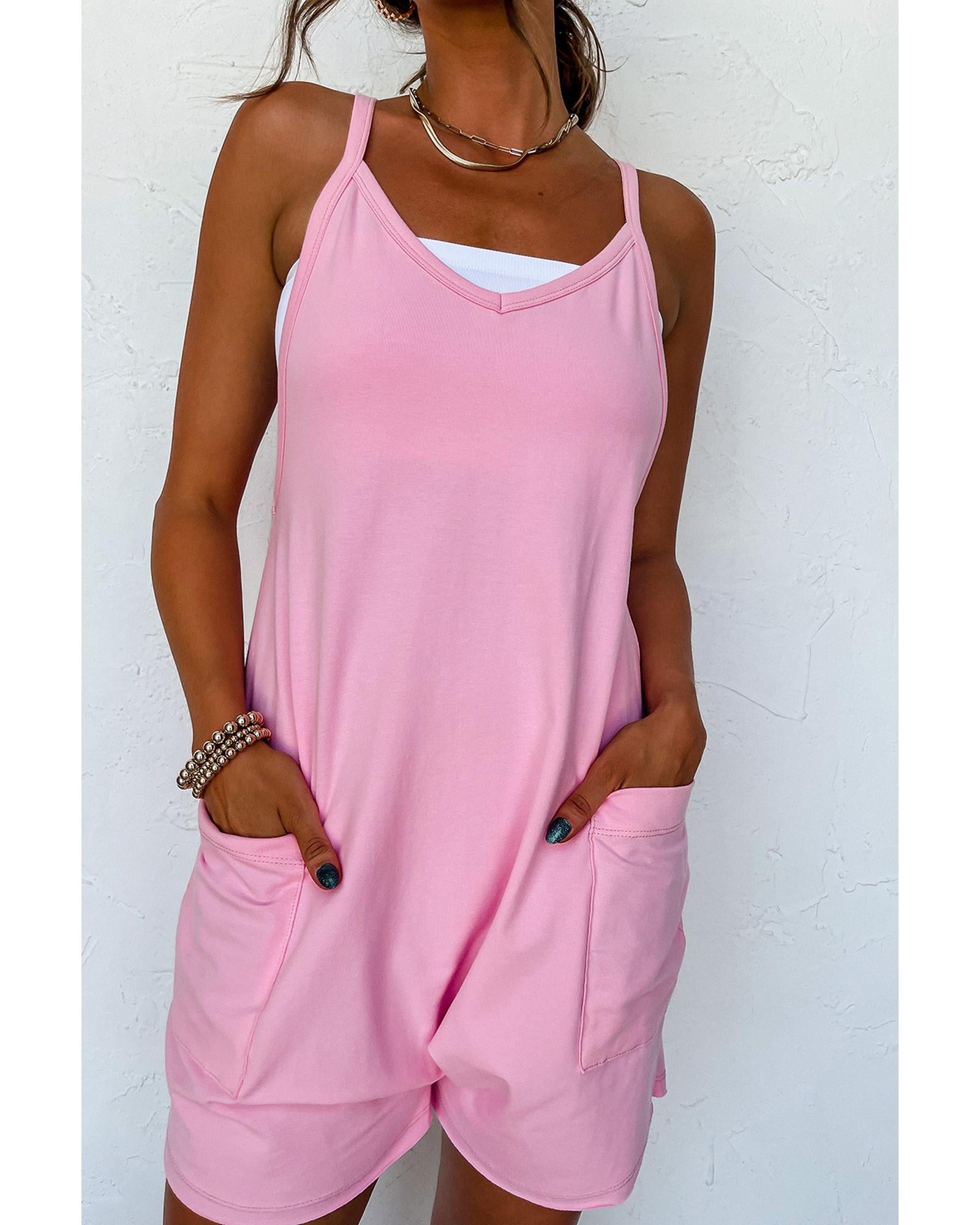 Pink Spaghetti Straps V Neck Jersey Romper - M 4