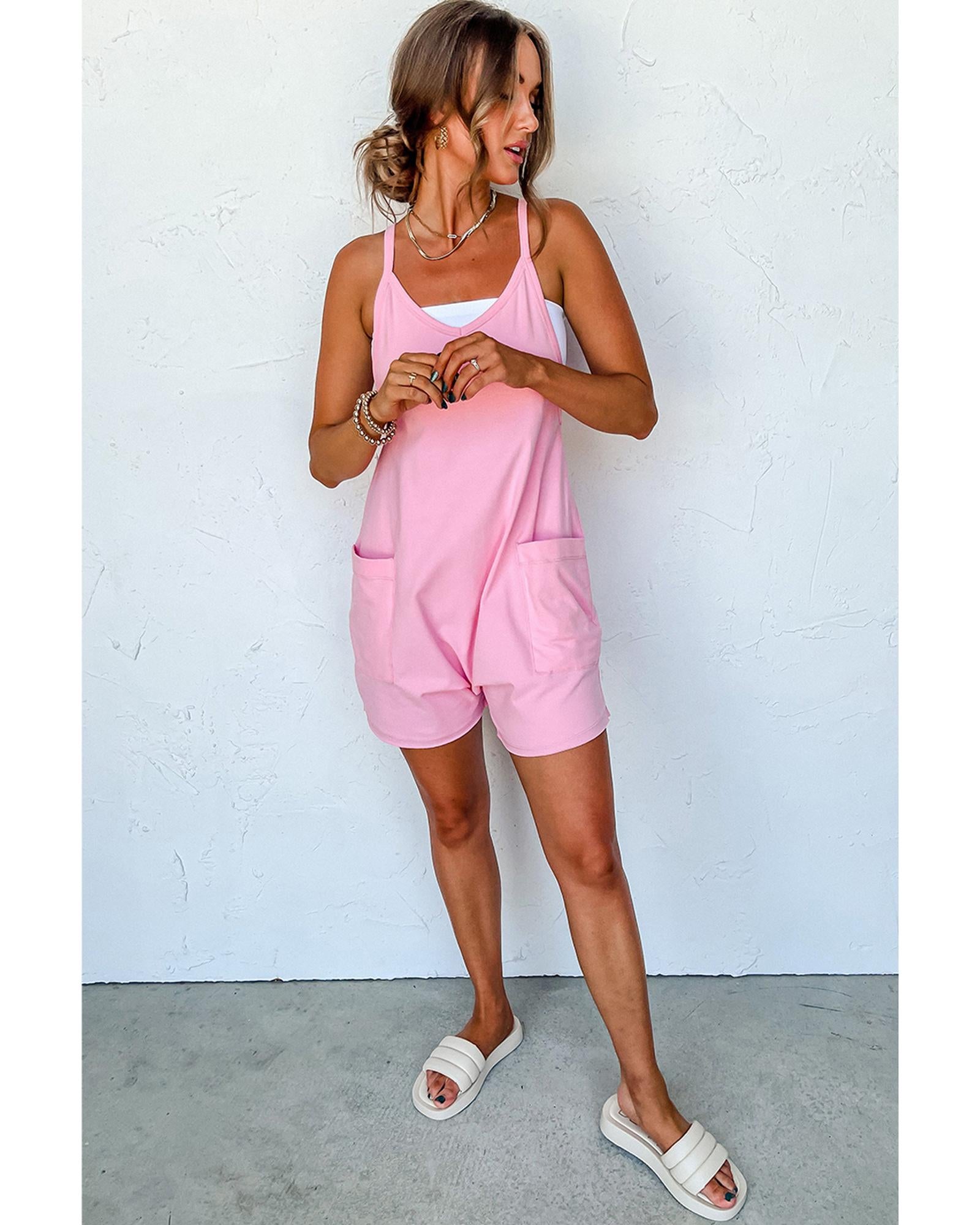Pink Spaghetti Straps V Neck Jersey Romper - M 5