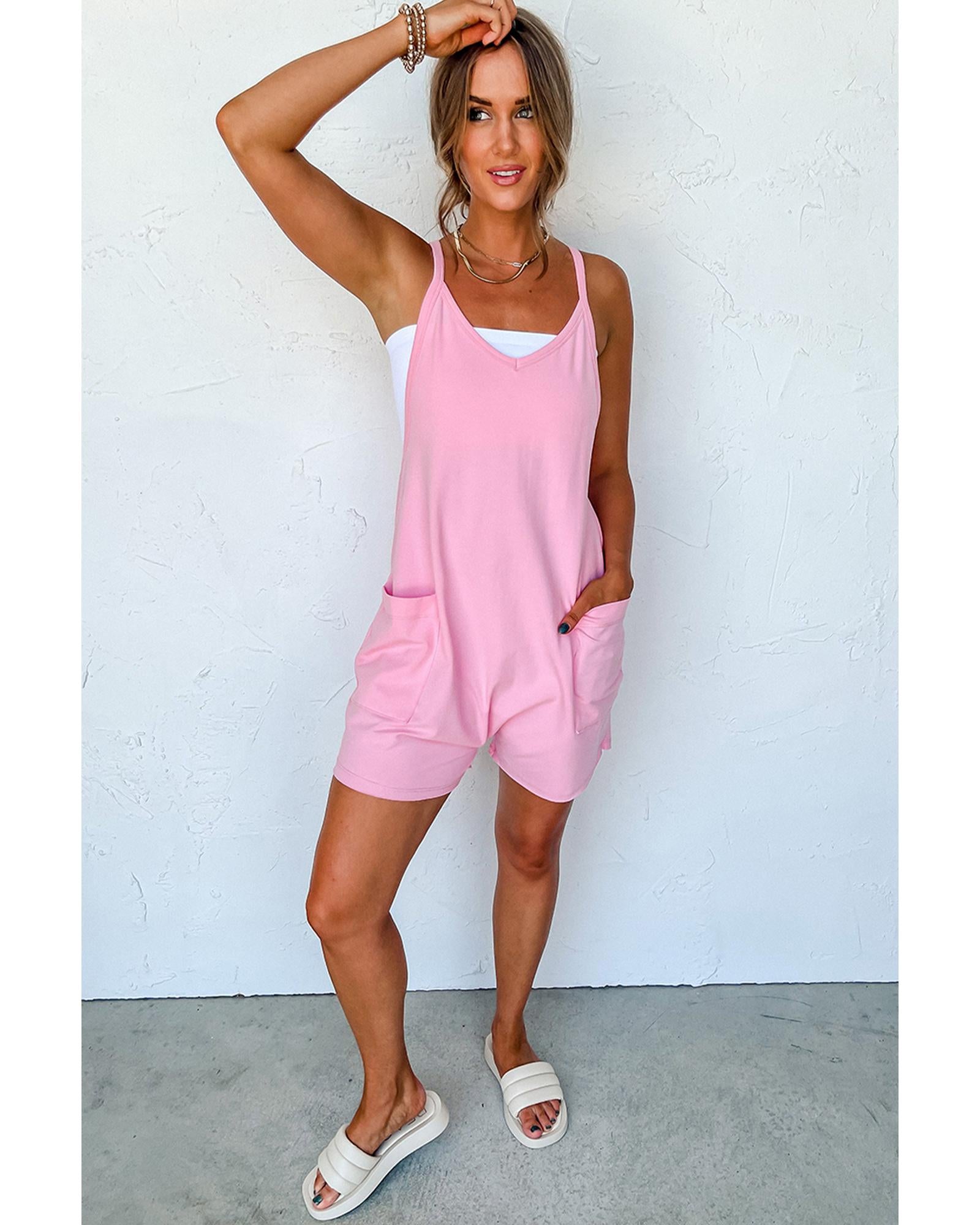 Pink Spaghetti Straps V Neck Jersey Romper - S 3
