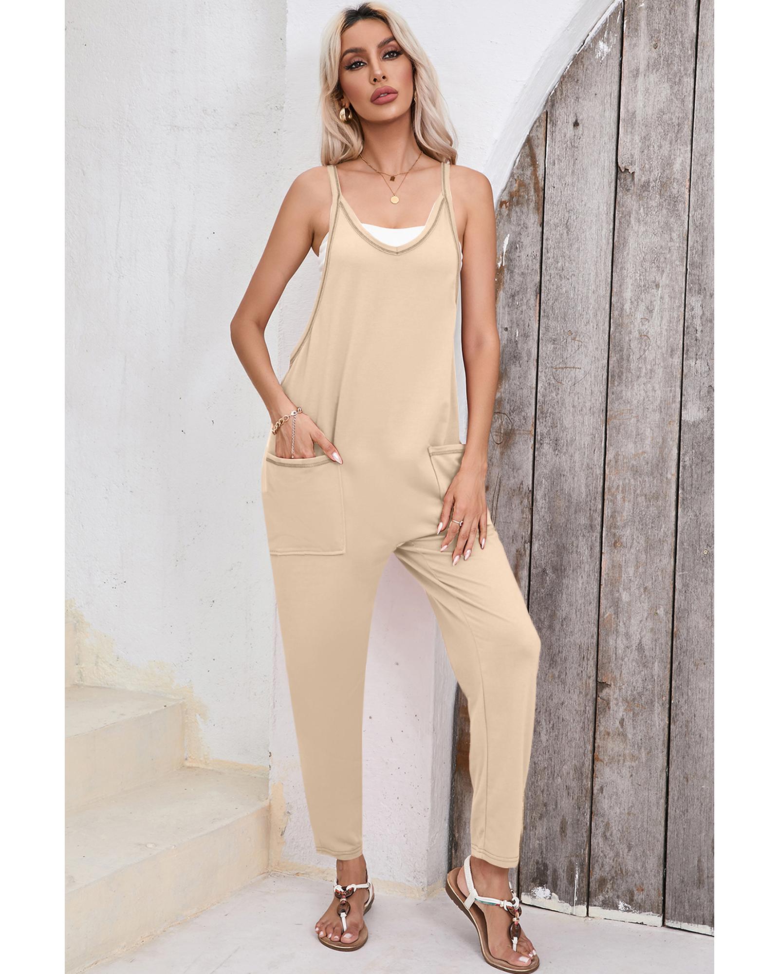 Apricot Side Pockets Harem Pants Sleeveless V Neck Jumpsuit - L 4