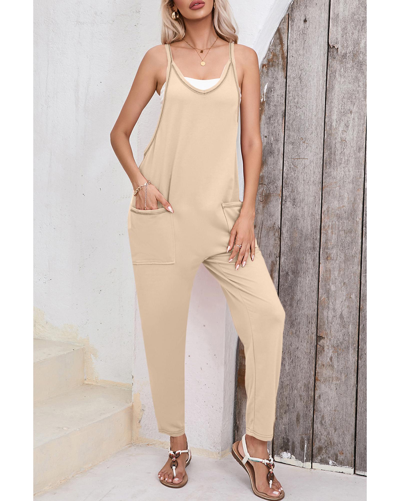 Apricot Side Pockets Harem Pants Sleeveless V Neck Jumpsuit - L 5