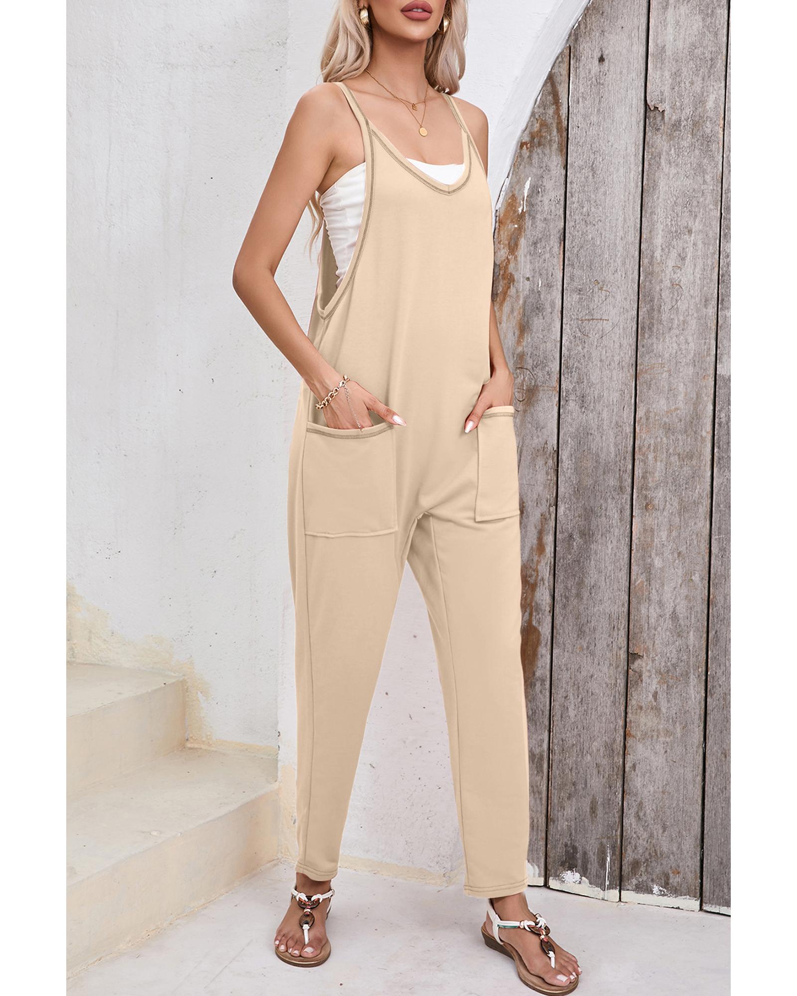 Apricot Side Pockets Harem Pants Sleeveless V Neck Jumpsuit - L 6