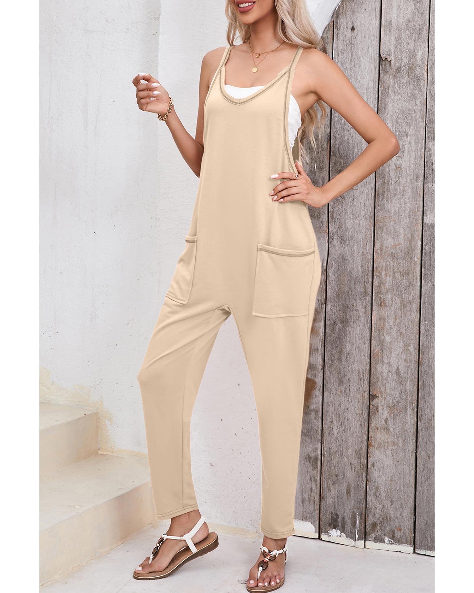Apricot Side Pockets Harem Pants Sleeveless V Neck Jumpsuit - L 7